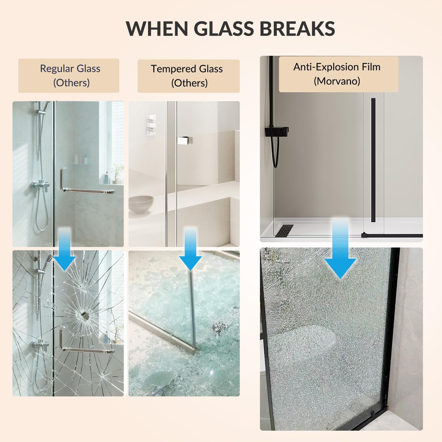 MORVANO Glass Shower Door 56-60" W x 75" H,Sliding Shower Door with 5/16" (8mm) Clear Tempered Glass,Black Glass Door with Explosion-Proof Film,Frameless Shower Door with Reversible Installation