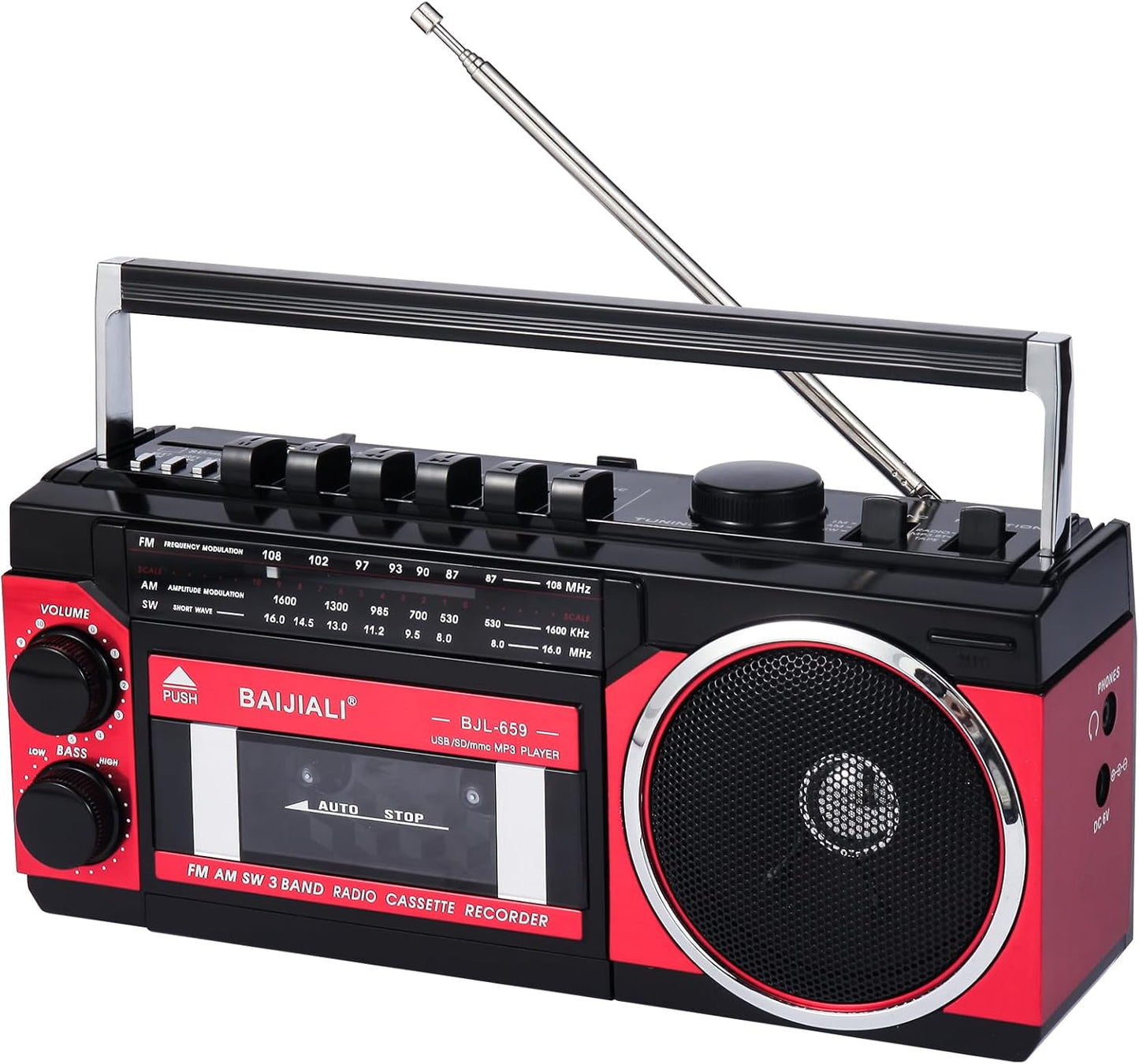BAIJIALI Cassette Portable Player with AM/FM/SW Radio & BT, Boombox for Home and Travel, Record from Radio, Play via