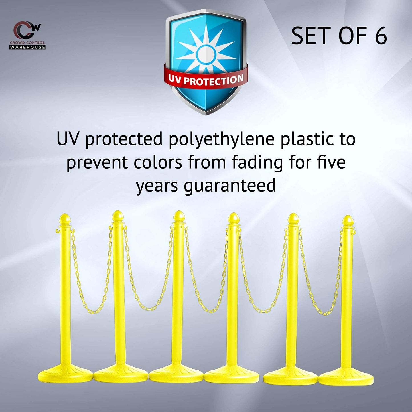 Montour Line Plastic Stanchion Yellow 2.5 Inch Diameter with 50 Foot Chain, 6-Pack, Crowd Control Barriers