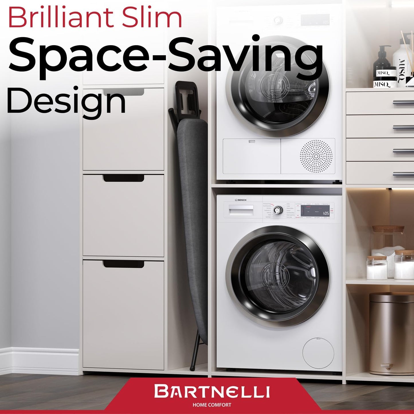 Bartnelli by Rorets Ironing Board - Height Adjustable with 4-Layer Cover & Safety Iron Rest | 43"x13" for Laundry Room or Dorm