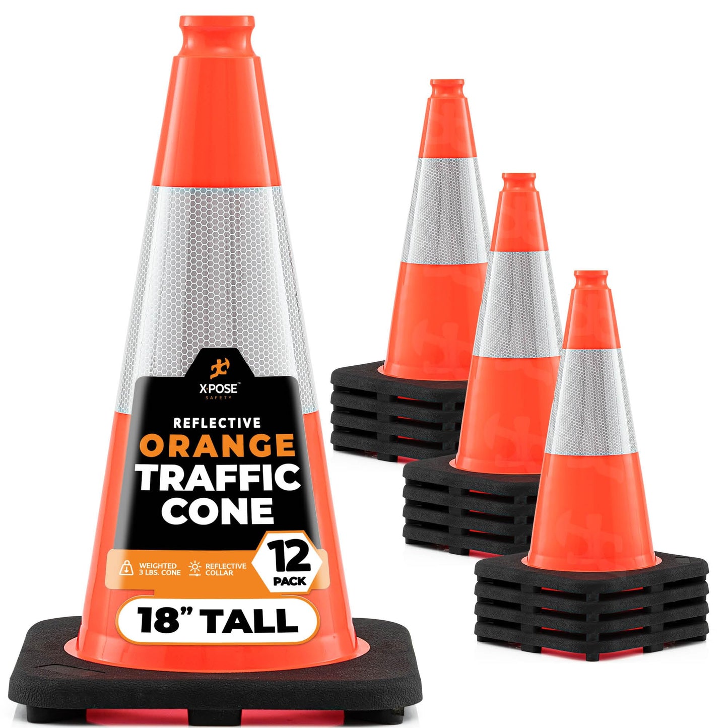 Xpose Safety 18 Inch Orange Traffic Cones with 6" Collar - 12 Pack Multipurpose PVC Plastic Safety Cone for Parking, Soccer, Caution, Kids and Construction - DOT Approved