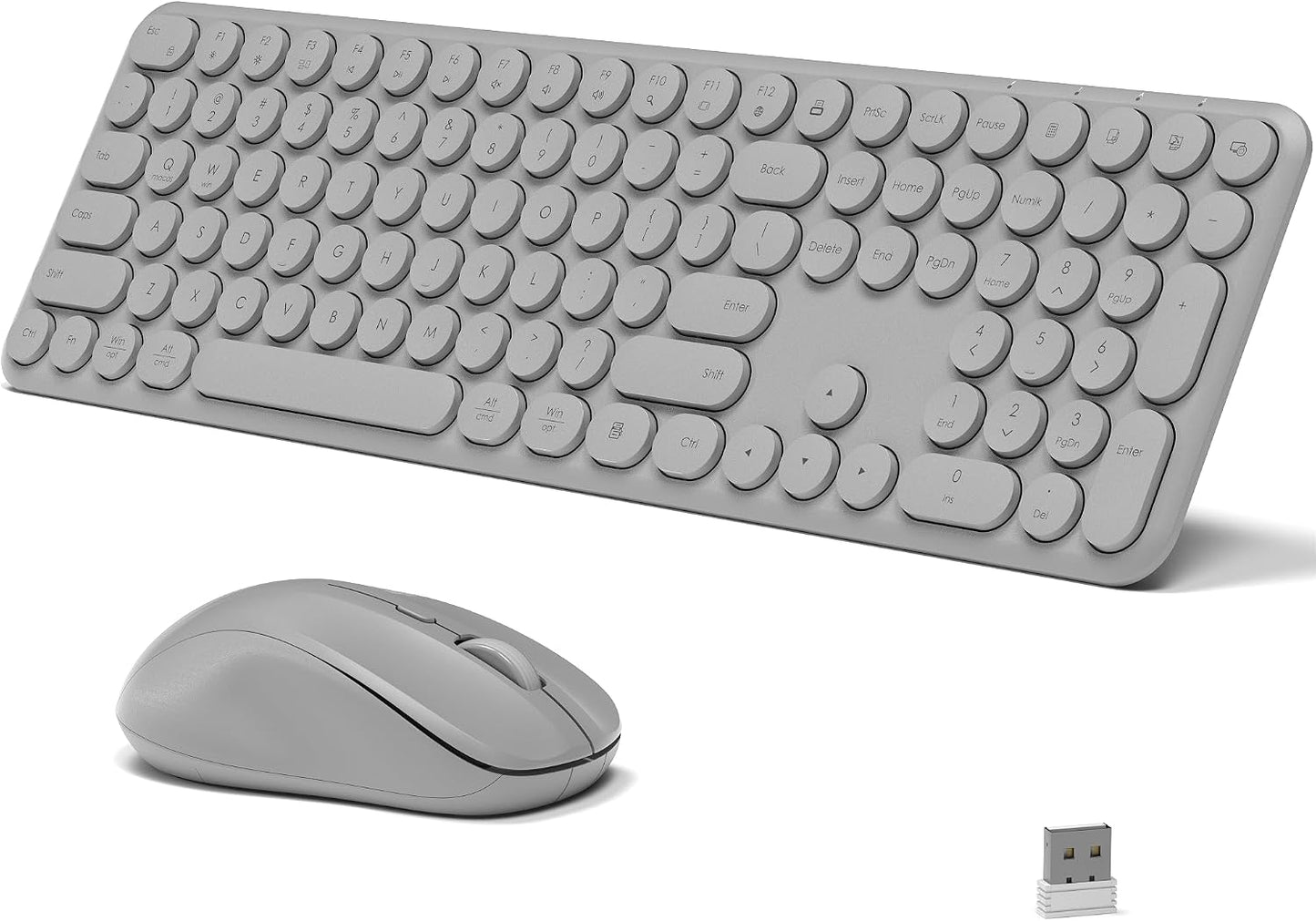 KEQTFT 110 1xUSB Wireless Keyboard and Mouse Combo, Round Quiet Keys, Adjustable Optical Mouse, Share Receiver, Power