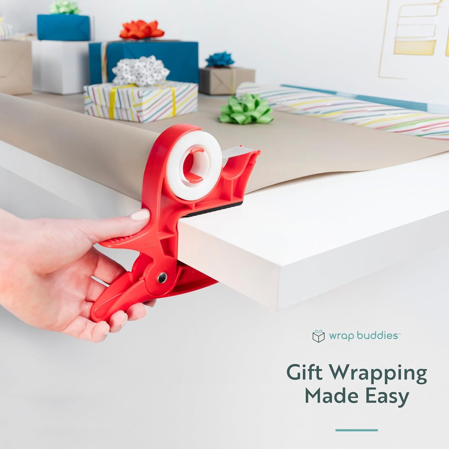 Wrap Buddies Tabletop Gift Wrapping Tool - Set of 2 Adjustable Clamps with Tape Dispenser - One-Handed Cutter in Cherry Red
