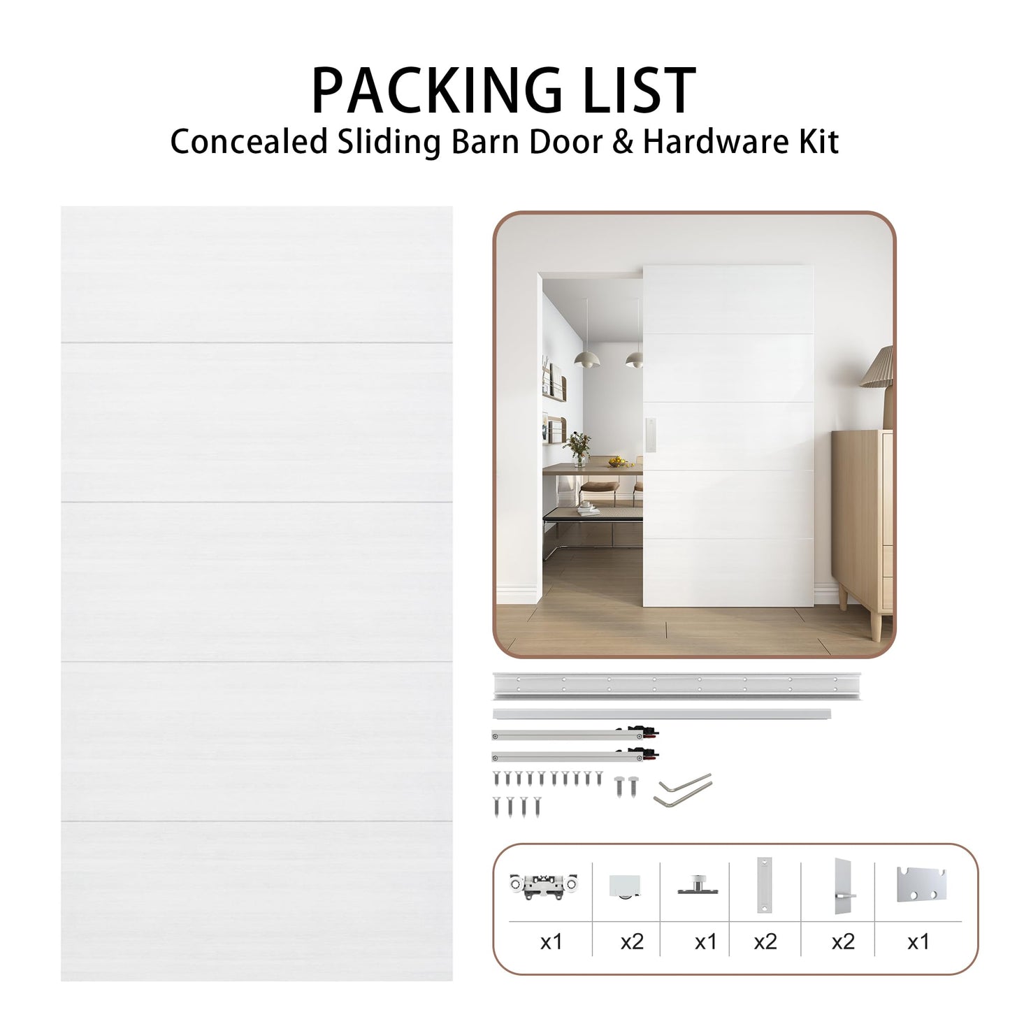 JUBEST 42"x84" Concealed Sliding Barn Door with Horizontal Groove and Soft Close Hardware Kit, White Flush Hidden Door for Opening 38"-40"x80", Waterproof and Smooth Sliding, for Interior Using