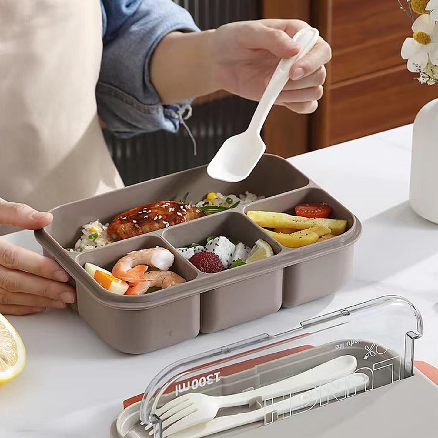 Scizorito Bento Box Adult Lunch Box, 44 oz Containers with 4 Compartments, Lunchable Food Container with Utensils, Sauce Jar, Microwave & Dishwasher Safe (White-Grey)