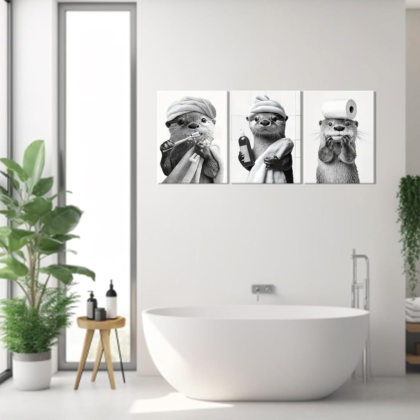 Otter Canvas Wall Art Set by Cute Bathroom | Funny Black and White Decor for Restroom | Ready to Hang 12x16 Inch