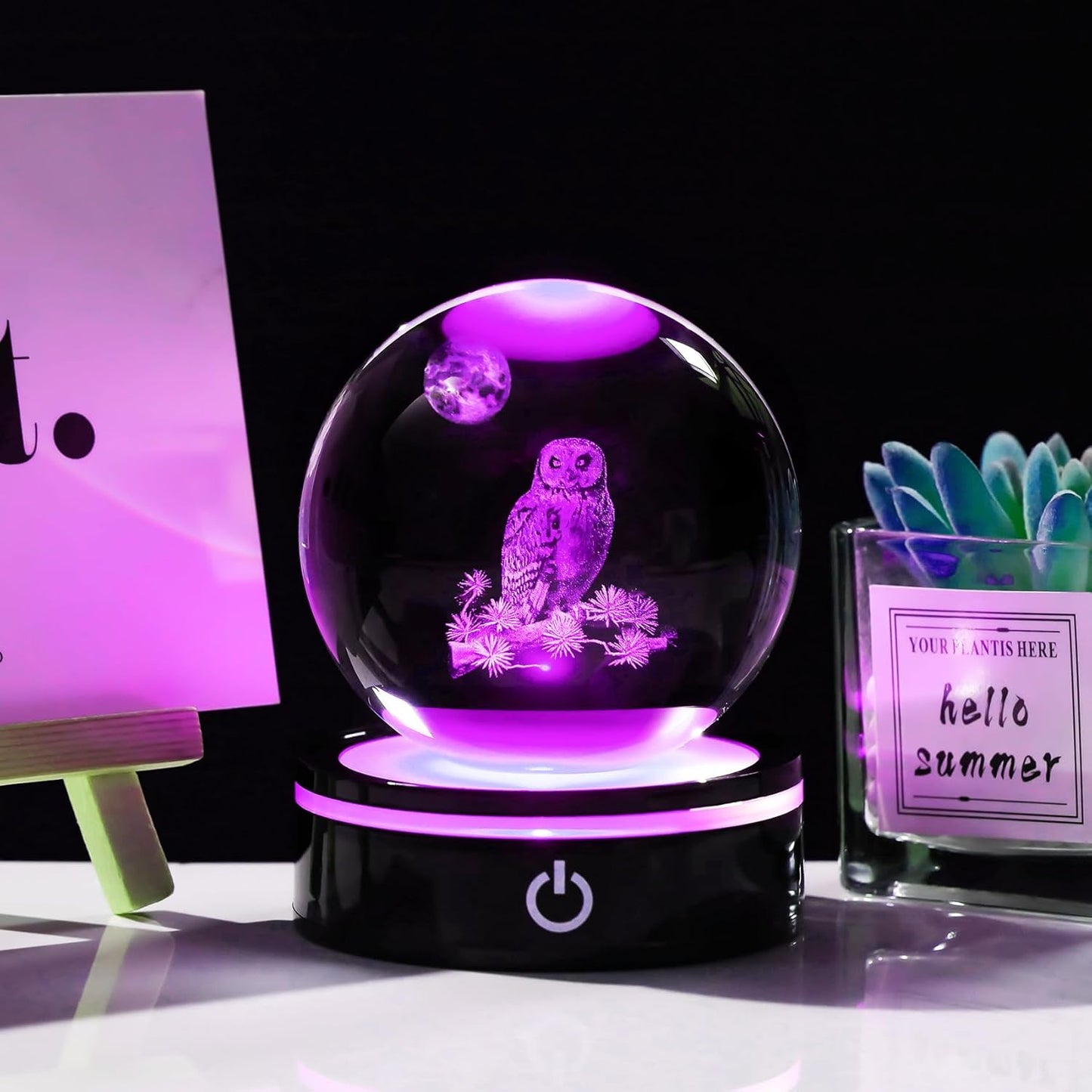 YWHL 3D Owl Figurine - Colorful Light Base Crystal Ball | Perfect Gift for Owl Lovers (80mm)