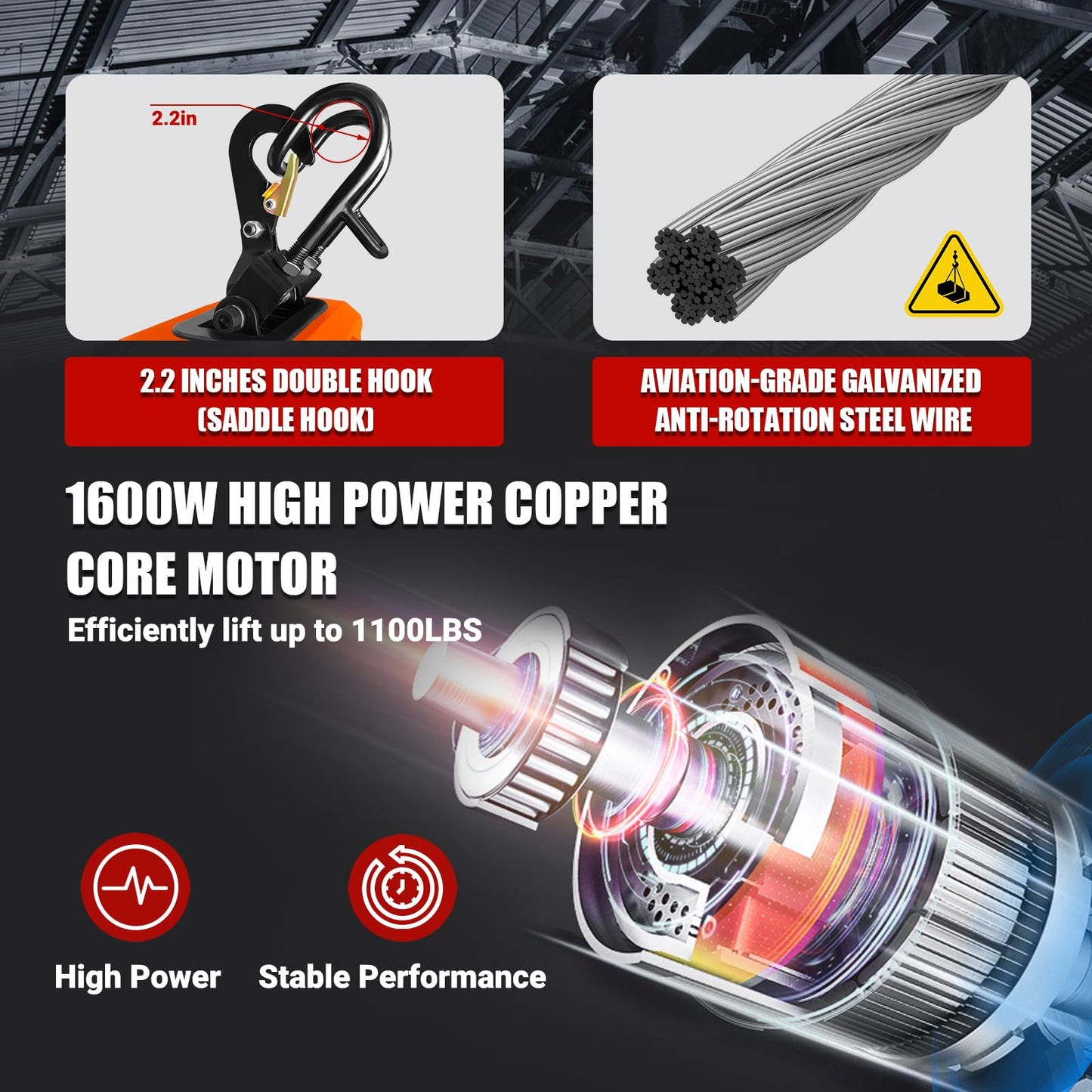 SENKEYFE PRO Power Electric Portable Hoist Winch 1100LBS, 30FT Electric Cable Hoist 1600W with Single/Double Hooks Dual Wireless Remote Control, Electric Hoist Lift Ceiling Winch for Lifting Towing