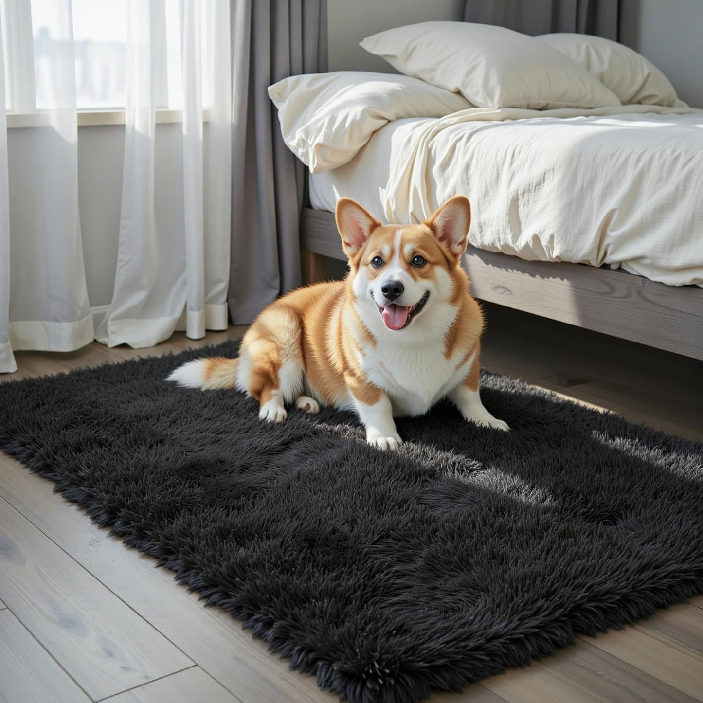 Small Area Rug - Modern Shag 2x3 Feet Black Bedroom Mat | Fluffy Carpet for Dorm Room Decor