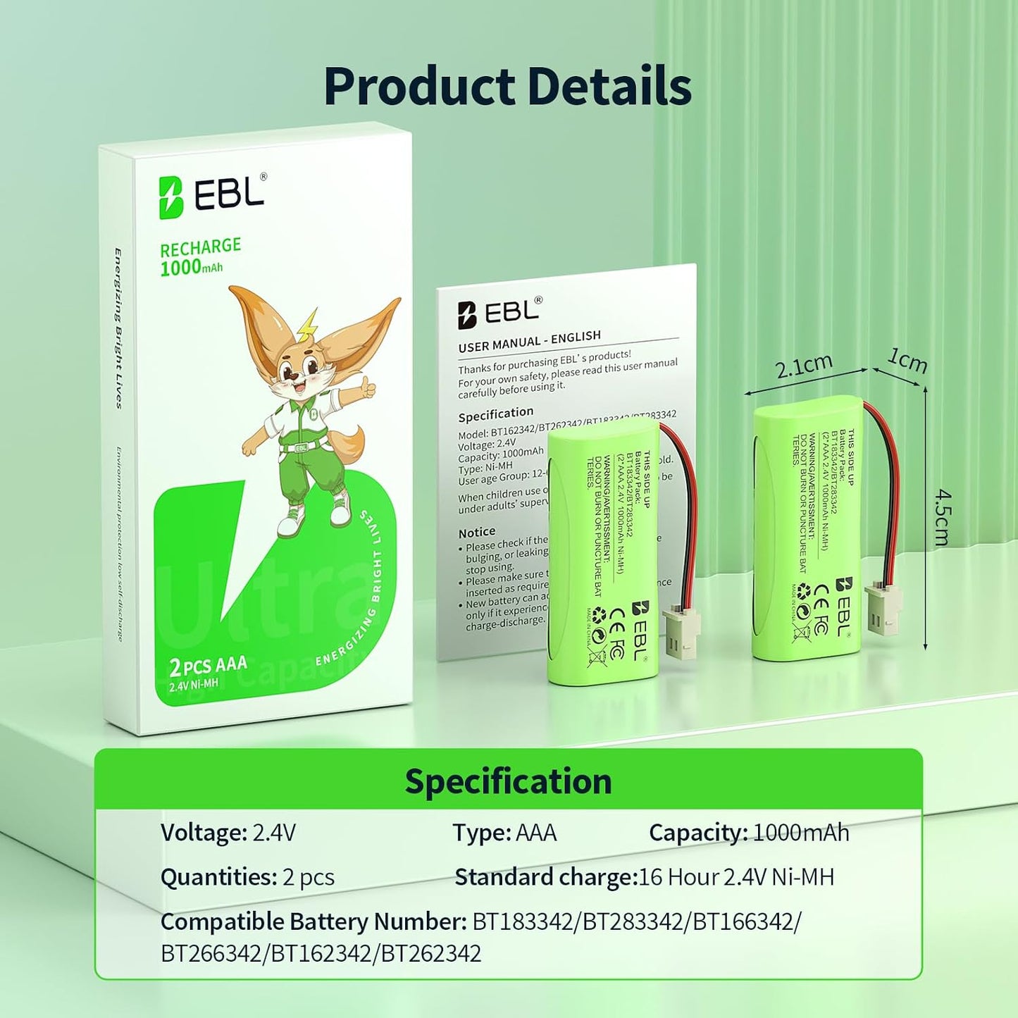 EBL BT183342/BT283342 2.4V 1000mAh BT166342/BT266342 CS6709 CS6609 CS6509 CS6409 EL52100 EL50003 (Pack 2) Ni-MH