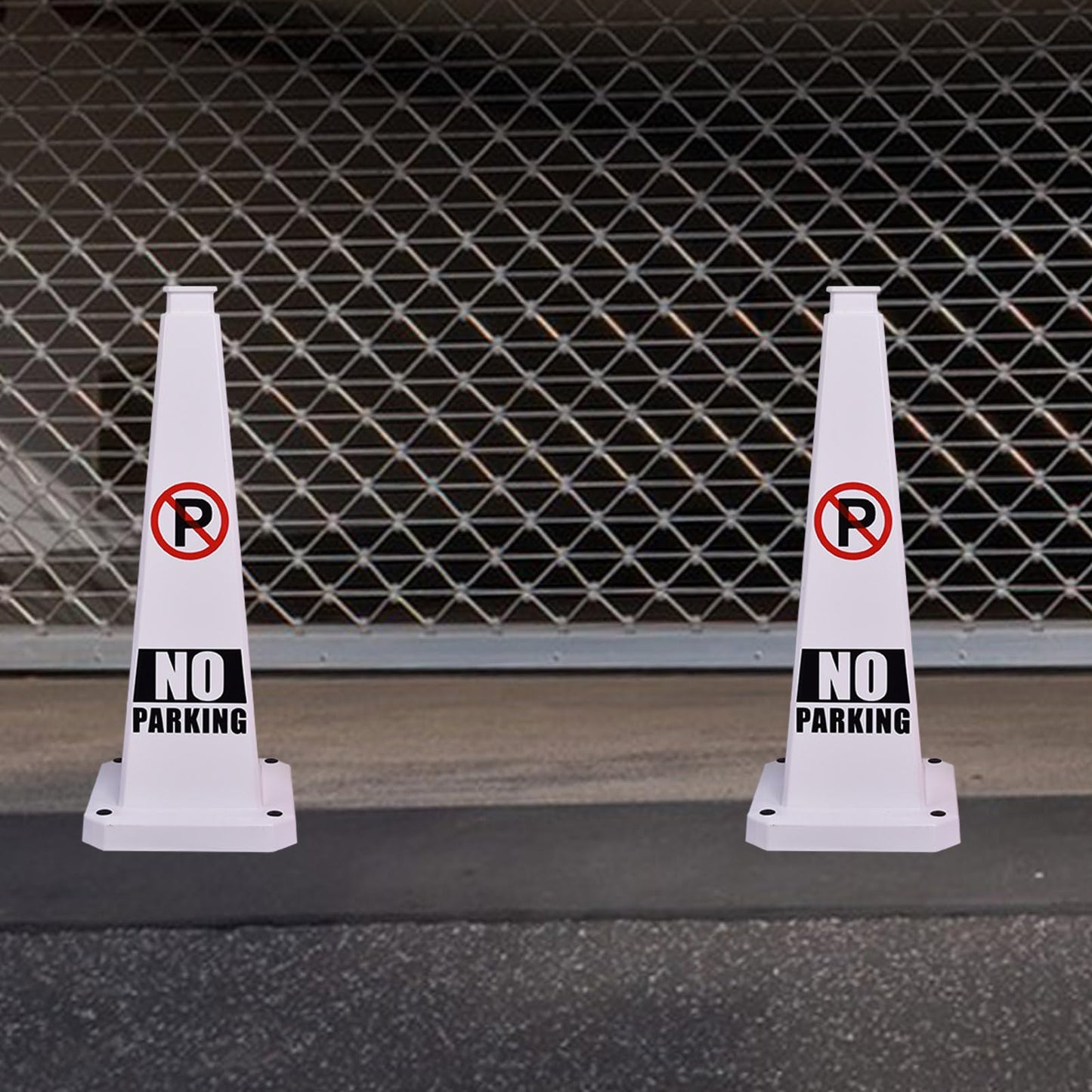 OranclUS 6 Pack 28 Inch 4-Sided Safety Cone, “No Parking” White Traffic Cone, Reflective High Visibility Durable PVC Stackable Traffic Control Cones (6, White-No Parking, 28inch Printed)