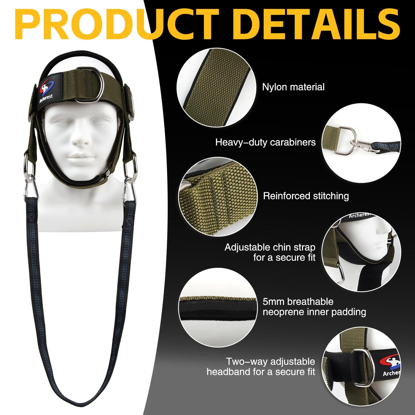 Fitness Neck Head Harness Trainer, Adjustable Chin Strap and Head Harness Strength with Nylon Tether, Neoprene Neck Exerciser for Weight Lifting, Home and Gym Use, Green
