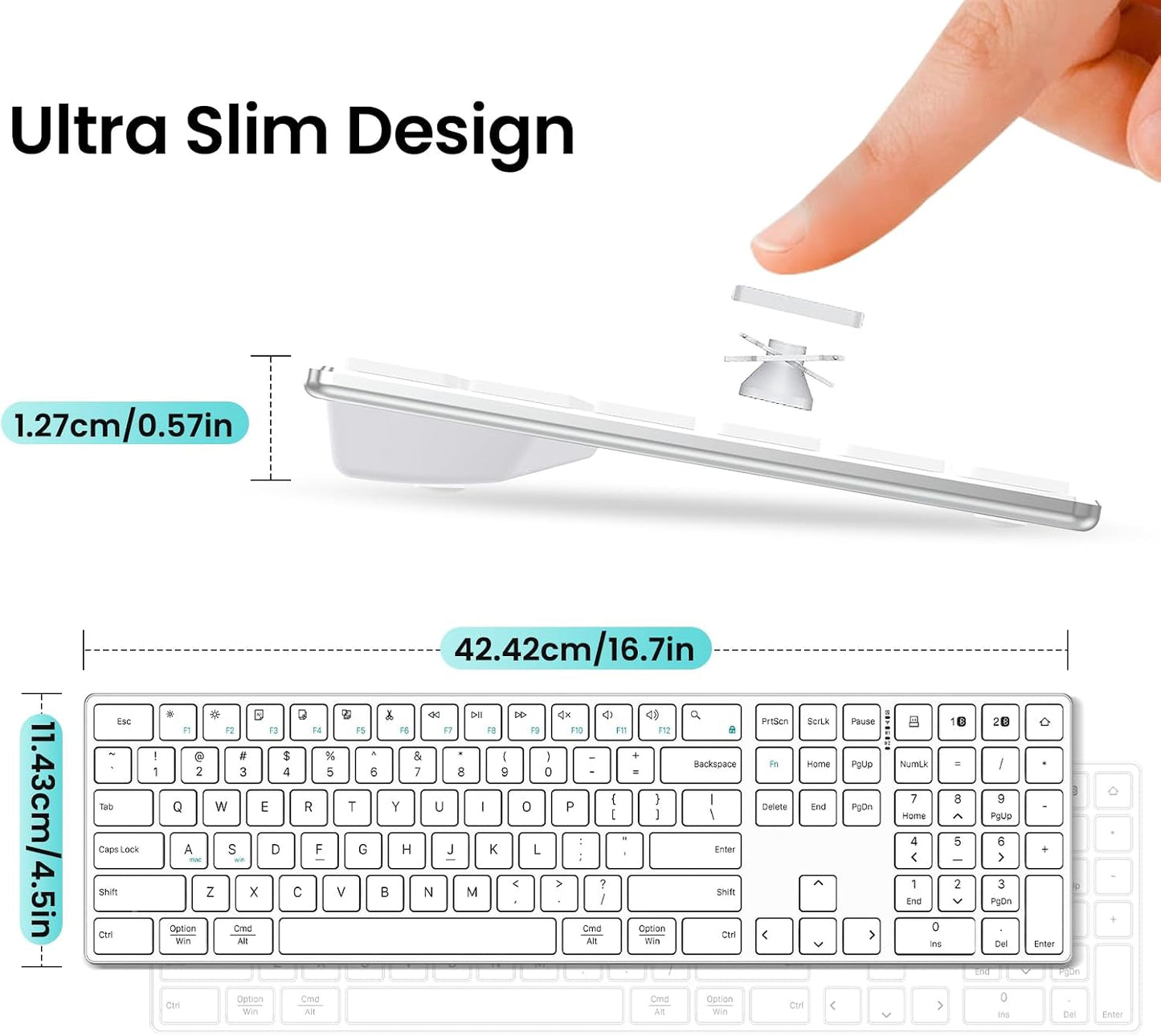 TIETI 2.4G Wireless Bluetooth Keyboard Rechargeable, Stainless Steel Ultra Slim Full Size Keyboard with Numeric Keypad