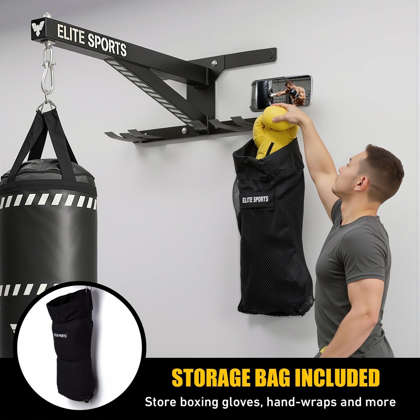 Elite Sports Heavy Duty Wall Mount Punching Bag Hanger, Fixed Stainless Steel Boxing Bag Bracket with Phone Holder, Jump Rope & Dumbbell Hooks, for MMA, Muay Thai, Kickboxing, Gym & Home Training