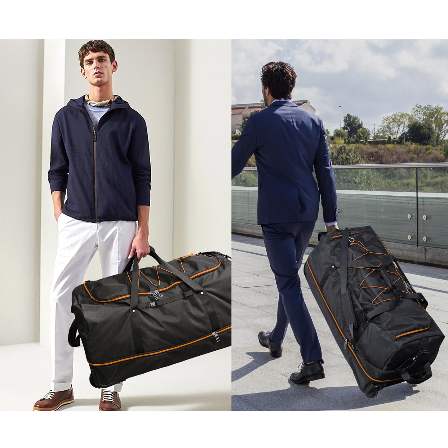 Bagenerous 110L/140L Expandable Soft-Sided Foldable Duffle Bag with 2 Rubber Wheels,Packable 32” Rolling Carry-On with Multi-Pockets & Compartments,Black Orange