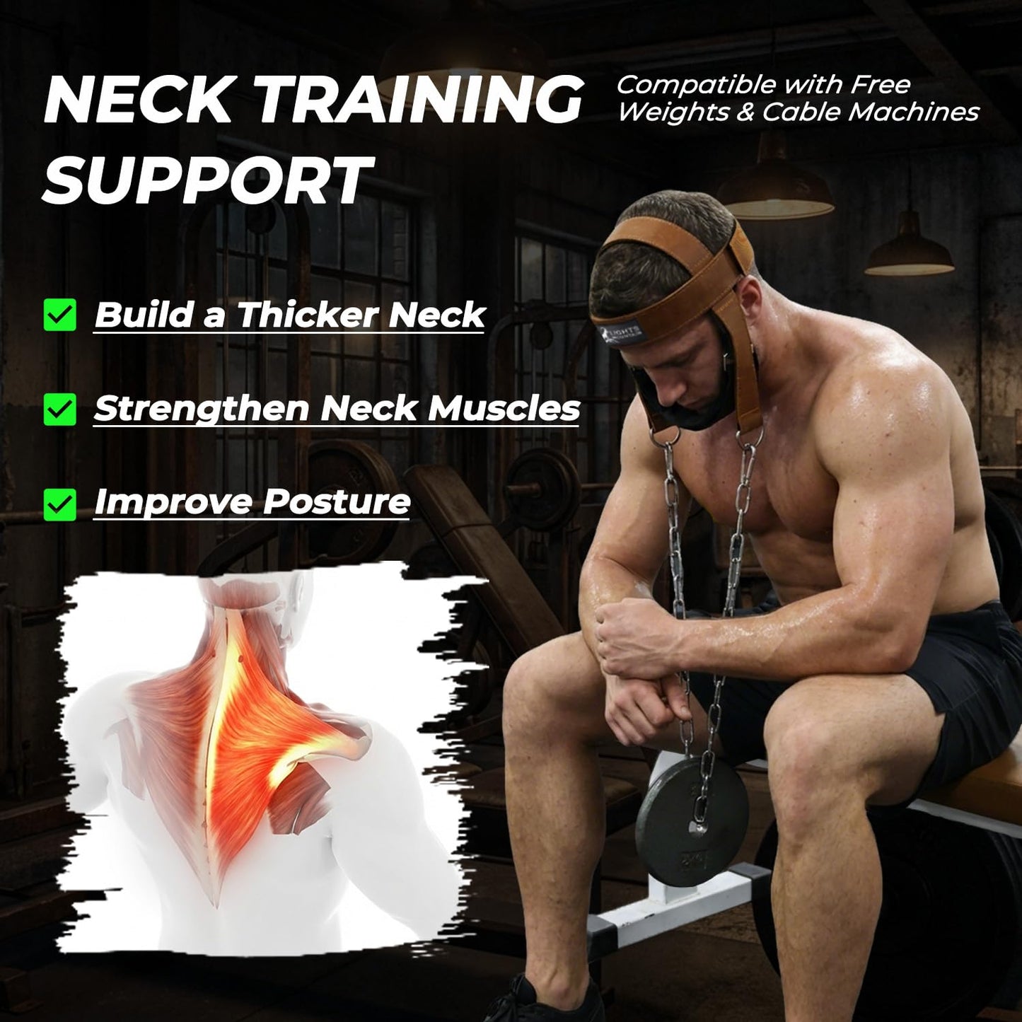 Lights Mountain Leather Neck Harness for Neck Strength Training, Adjustable Head Harness with Steel Chain & Carabiners, Padded Genuine Leather Head Strap for Gym & Home Workouts