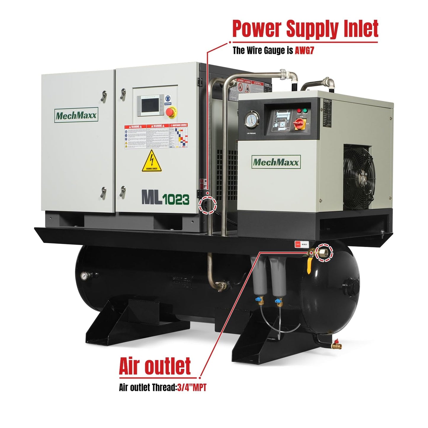 10HP Combined Rotary Screw Air Compressor with Dryer & 66-Gal ASME Tank | 32 CFM, 116 PSI, 230V 3-Phase – Industrial Grade,Model ML1023
