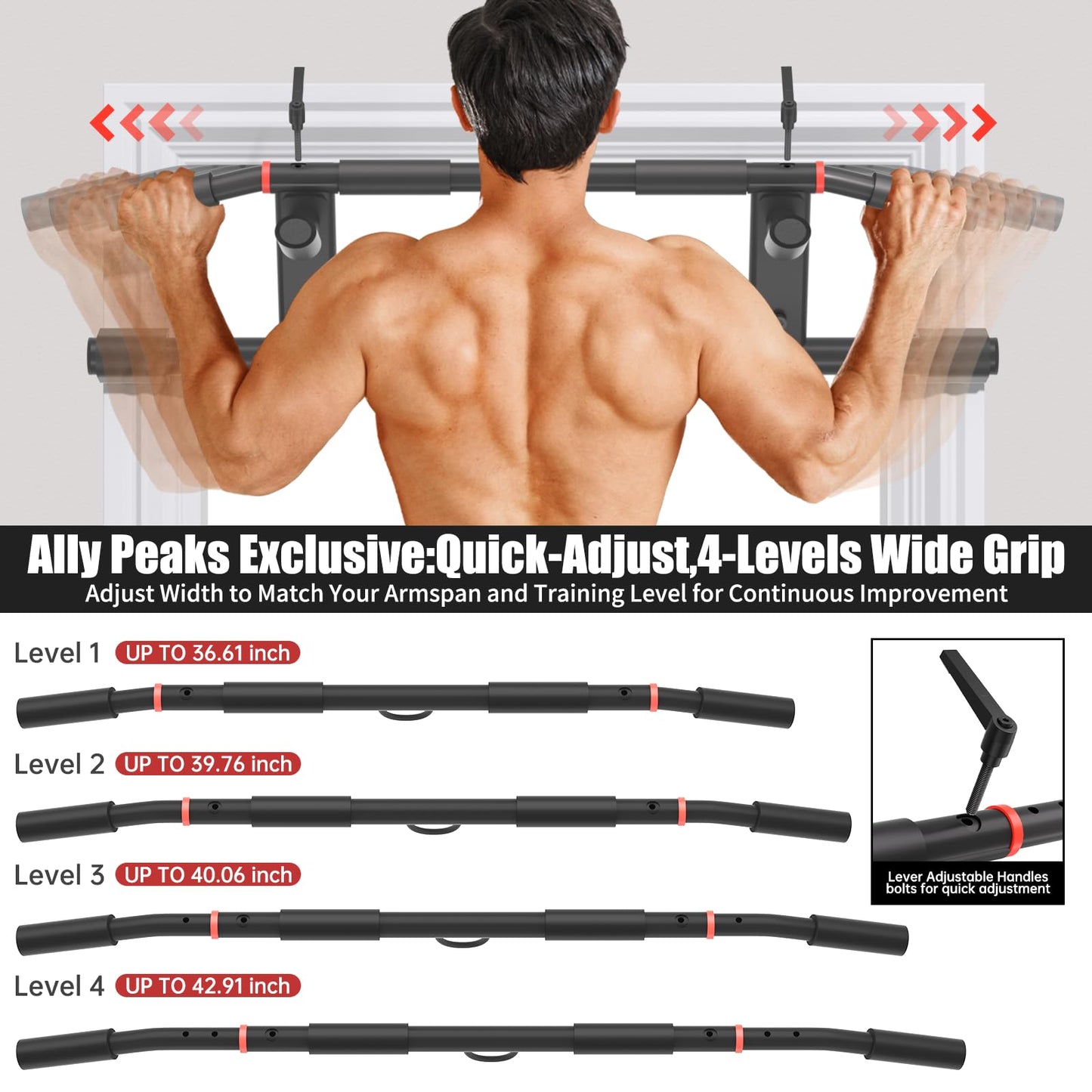 Ally Peaks Pull Up Bar for Doorway,Adjustable Handle Width Pullup Bar with 2Pcs Exercise Resistance Bands,New 2026 Upgraded At Home Workout Equipment Chin Up Bar,Multiple Original U.S. Patents
