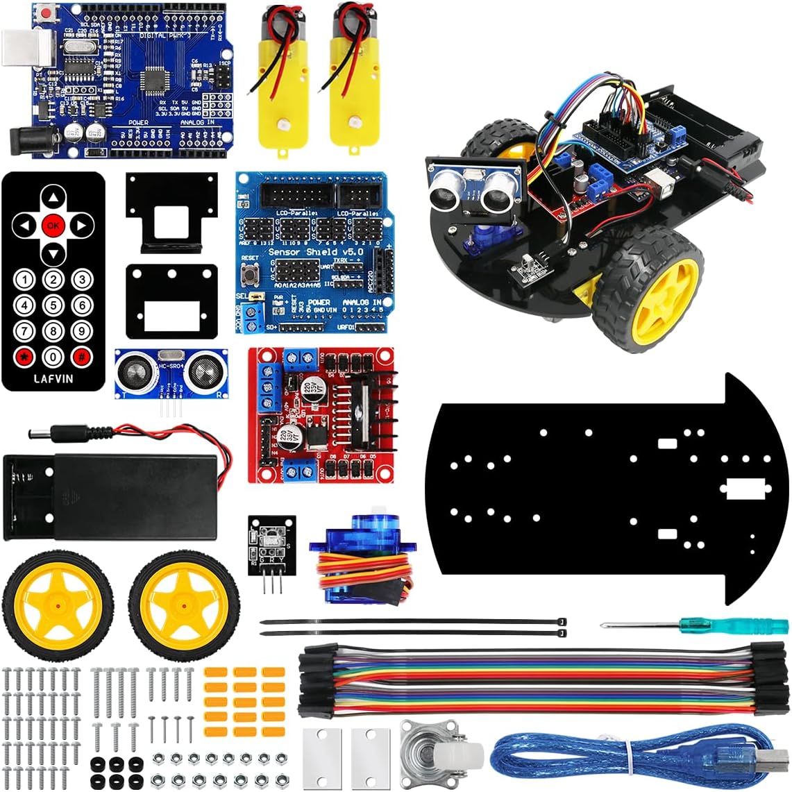 2WD R3 LAFVIN Smart Robot Car Chassis Kit with Ultrasonic Module Board,Remote Compatible with Arduino IDE DIY Kit