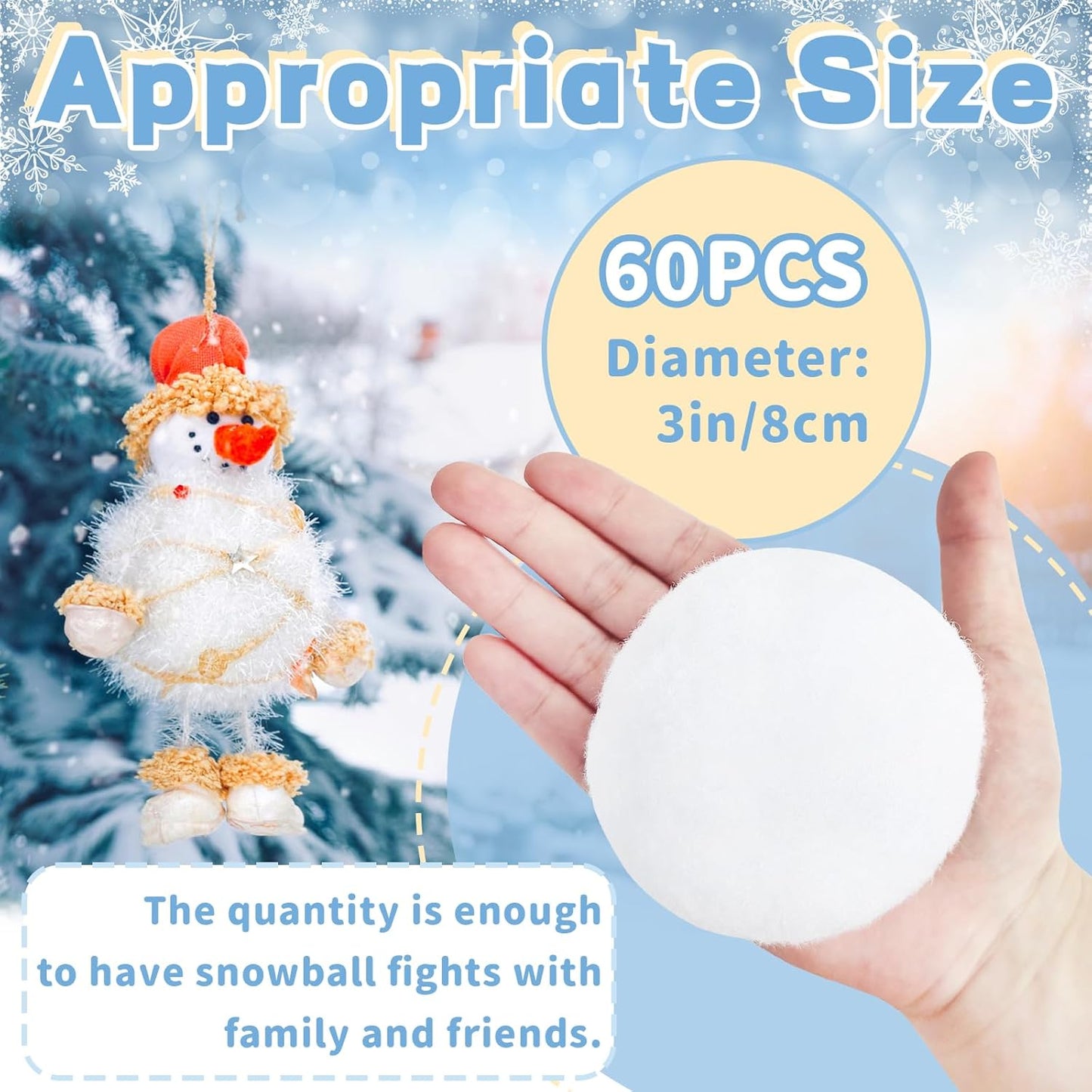 Skiennix 60 Pack Fake Snowballs - 3 Inch Realistic Indoor & Outdoor Snowball Fight Set for Winter Fun