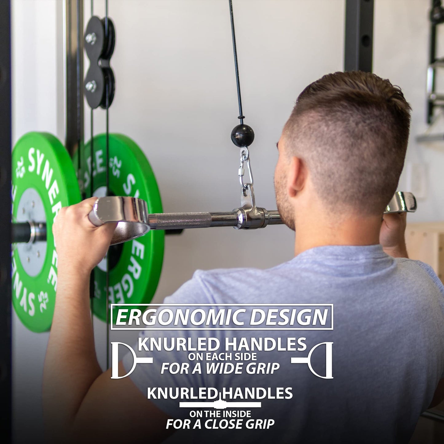 Synergee Pro-Style Lat Bar Cable Attachment. Universal Attachment for Cable Machines. Pull Down/Press Down Bar Accessory. Available Sizes 24”, 34” and 38”