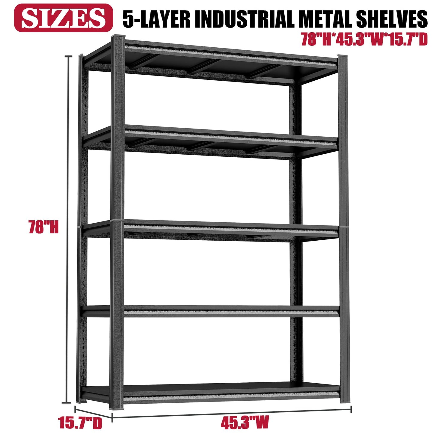 PRESTELION Garage Shelving 3000LBS Storage Shelves 5-Tier Adjustable Metal Shelving Units Garage Storage Shelves Heavy Duty for Industrial, Warehouse, Basement, Commercial, Black (78" H×45" W×16" D)