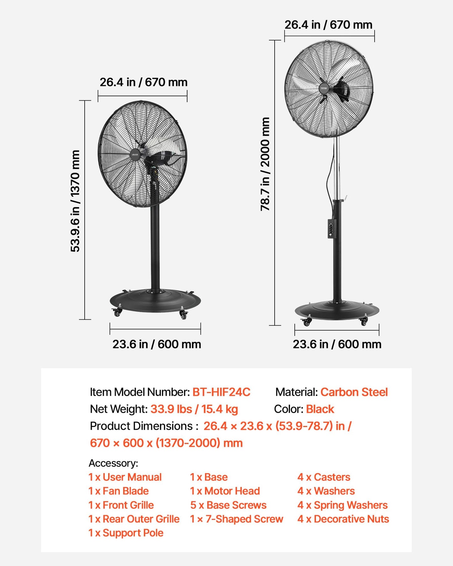 VEVOR 24-Inch High Velocity Pedestal Fan, 6800 CFM Industrial Standing Floor Fan with 85° Oscillating, 3-Speed Adjustable Height, IP44 Waterproof, Carbon Steel for Commercial, Garage, Workshop, Black