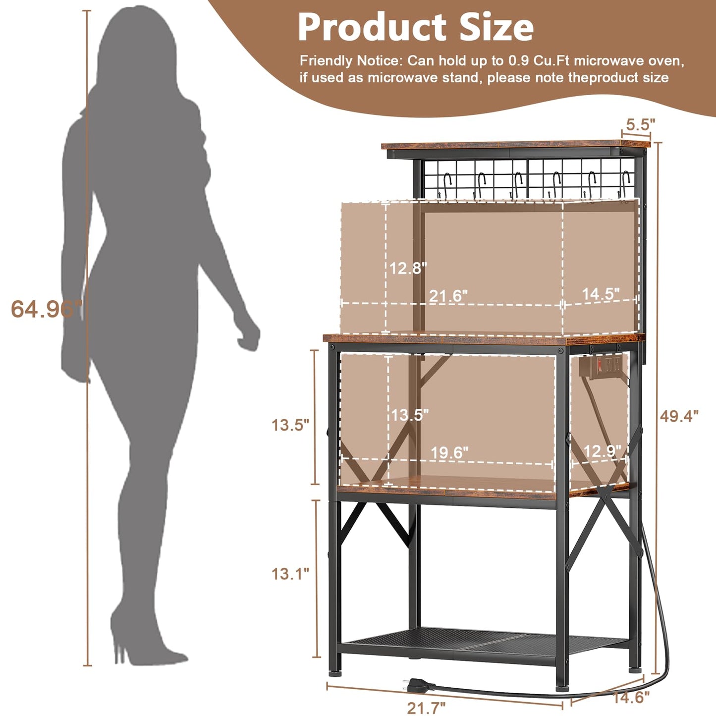 Furologee Kitchen Bakers Rack with Power Outlet, Microwave Oven Stand with Storage 4 Tiers, Coffee Bar Table with 6 S Hooks, Kitchen Storage Shelf Rack for Spices, Pots, Rustic Brown