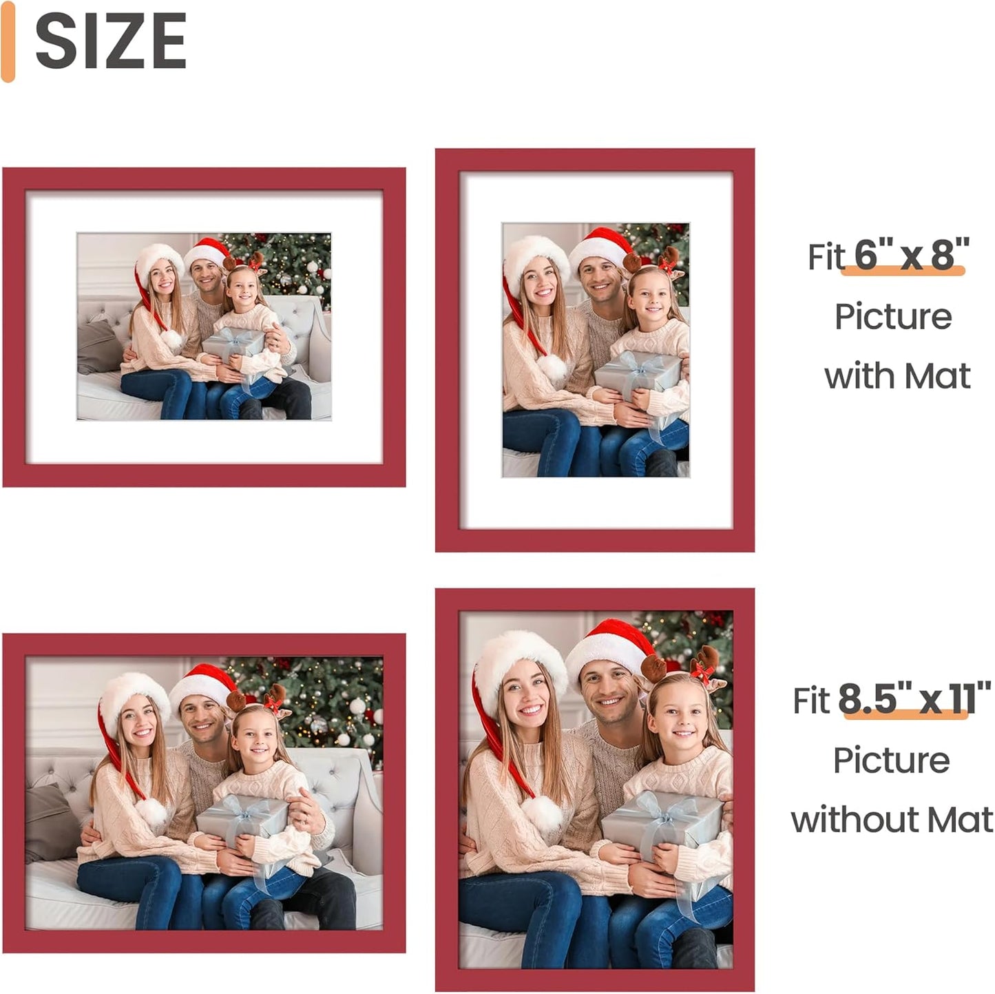 Upsimples 8.5x11 Picture Frame - Versatile Display for 6x8 Photos with Mat or 8.5x11 Without - Red, 1 Pack