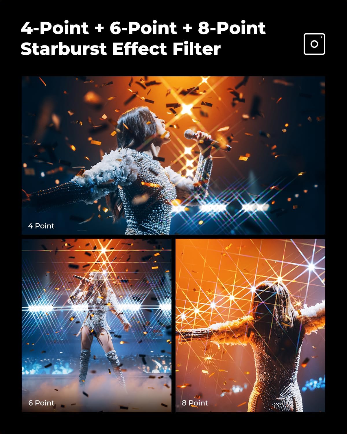 K&F CONCEPT 62mm (3pcs) 4 6 8 Set -18 3 Star Filters Kit Points Points Points Cross Screen Starburst Filters Layer