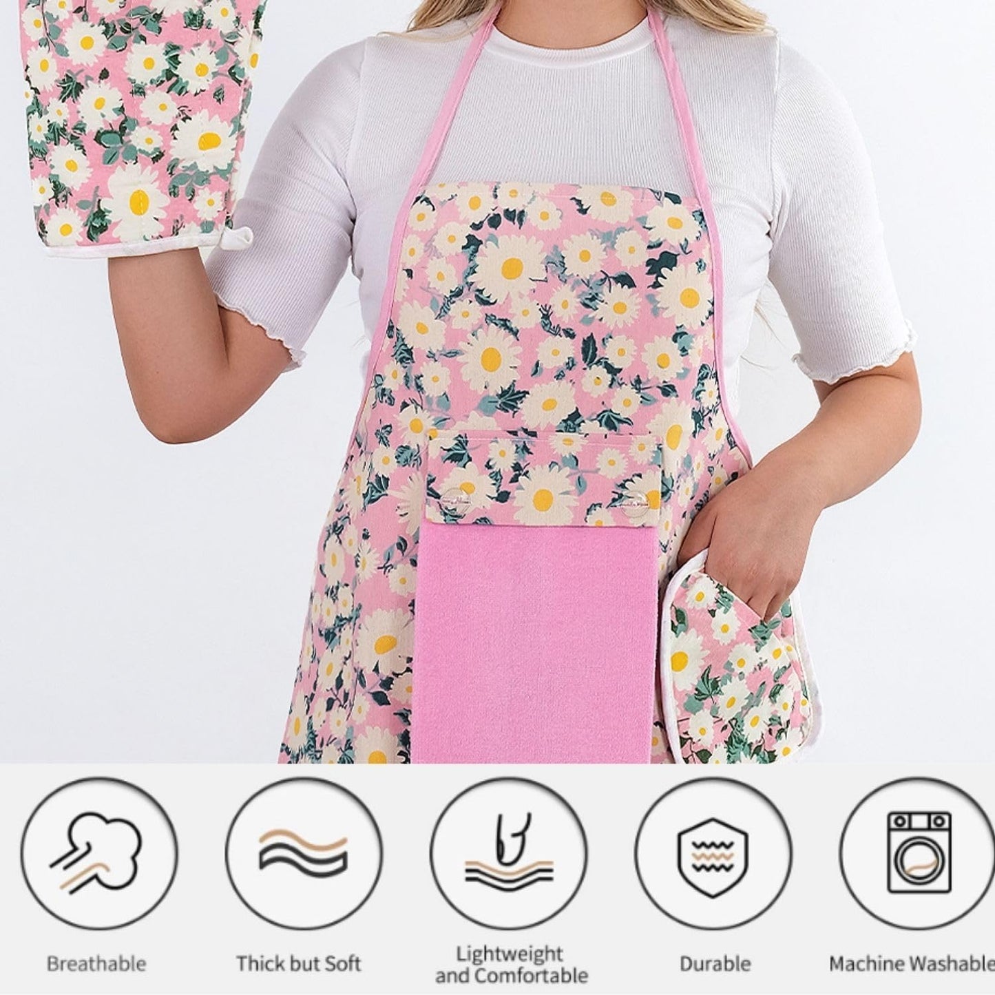 OceanSSH Floral Kitchen Apron and Oven Mitt Set-(4 pieces); Multicolor Waterproof Apron - Oven Mitt - Pot Holder - Hand Towel (pink)