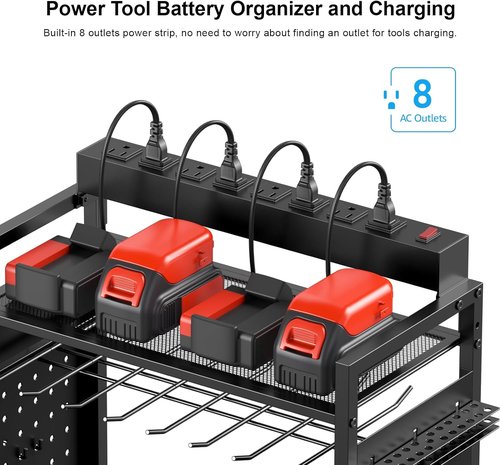 CCCEI Garage Power Tools Organizer Cart - Rolling Tool Storage with Charging Station | Black, Floor Standing