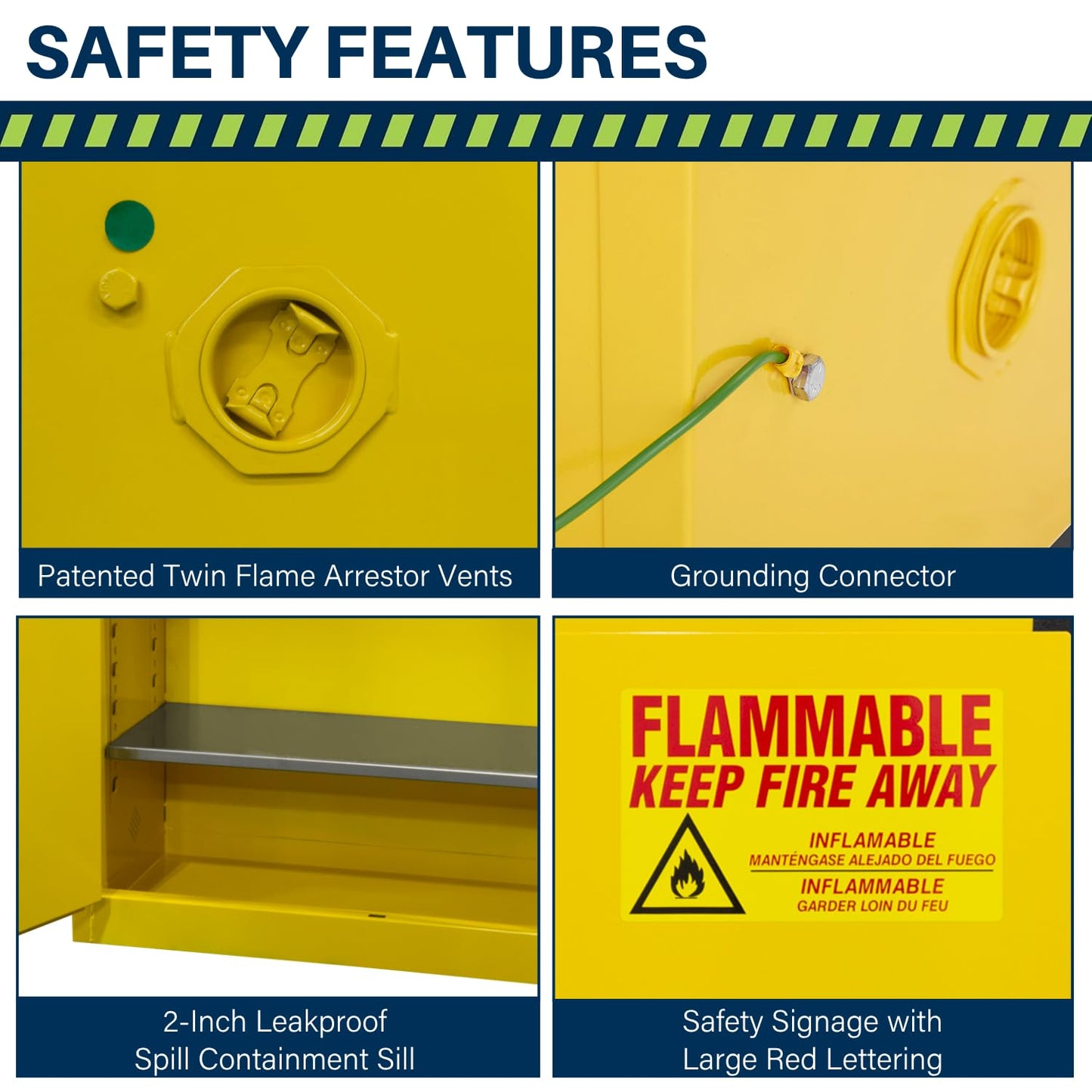Jamco 120 Gallon Flammable Safety Cabinet, Steel Flammable Storage Cabinet with Lockable Manual Closing Doors, Non Forkliftable, 59" x 34" x 65", Yellow