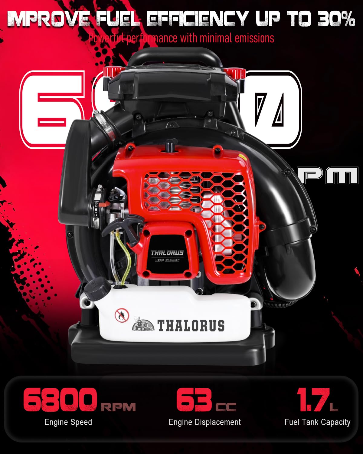 Thalorus 63CC Gas Backpack Leaf Blower, 2-Stroke, 665 CFM, 205 MPH, Variable Speed & Cruise Control, Ergonomic Harness, Reduced Emissions, for Fast Yard Cleanup (Red)