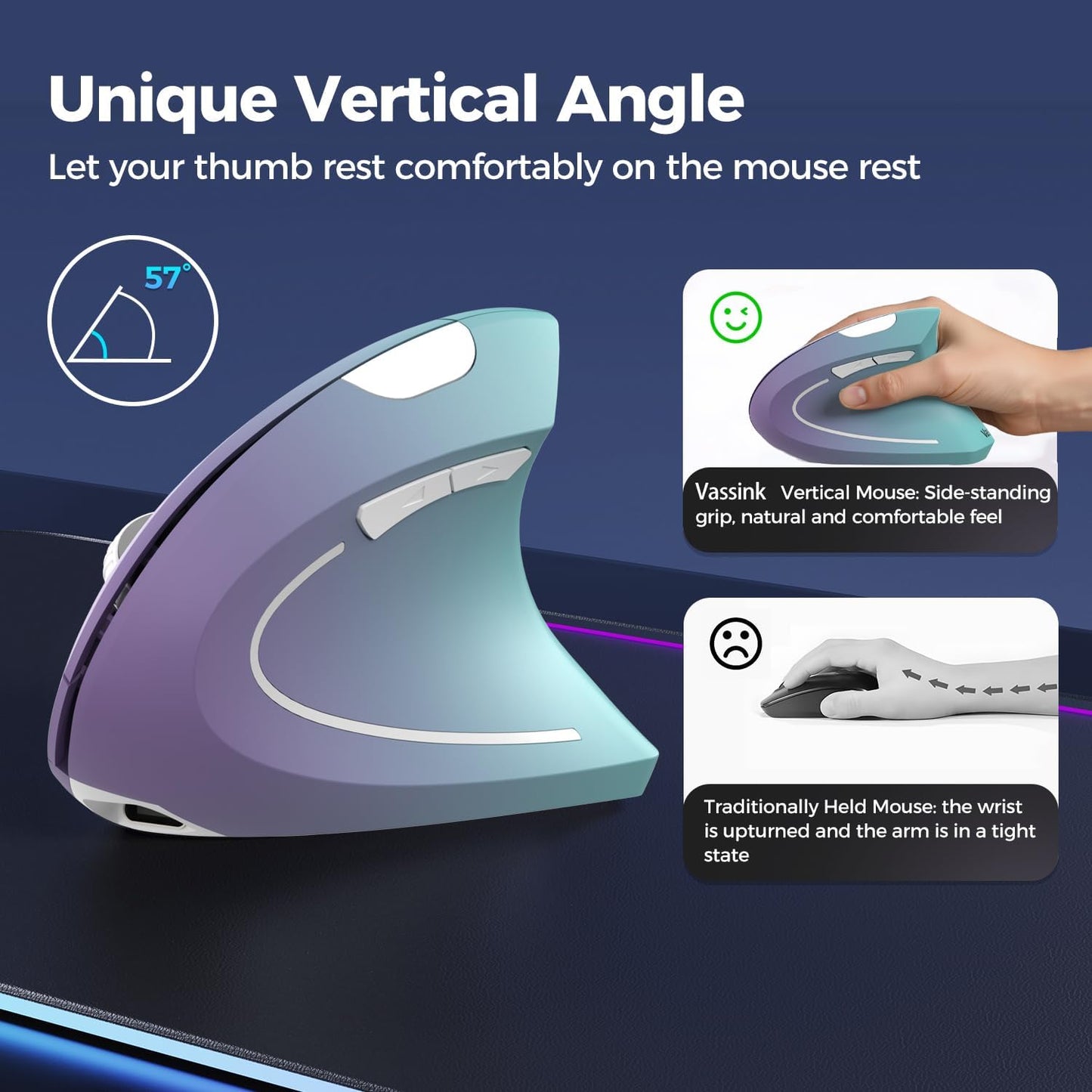 Vassink C(2in 1) 800/1200/1600 6 2.4GHz Ergonomic Wireless Rechargeable Mouse, USB A+Type Connection, DPI, Buttons