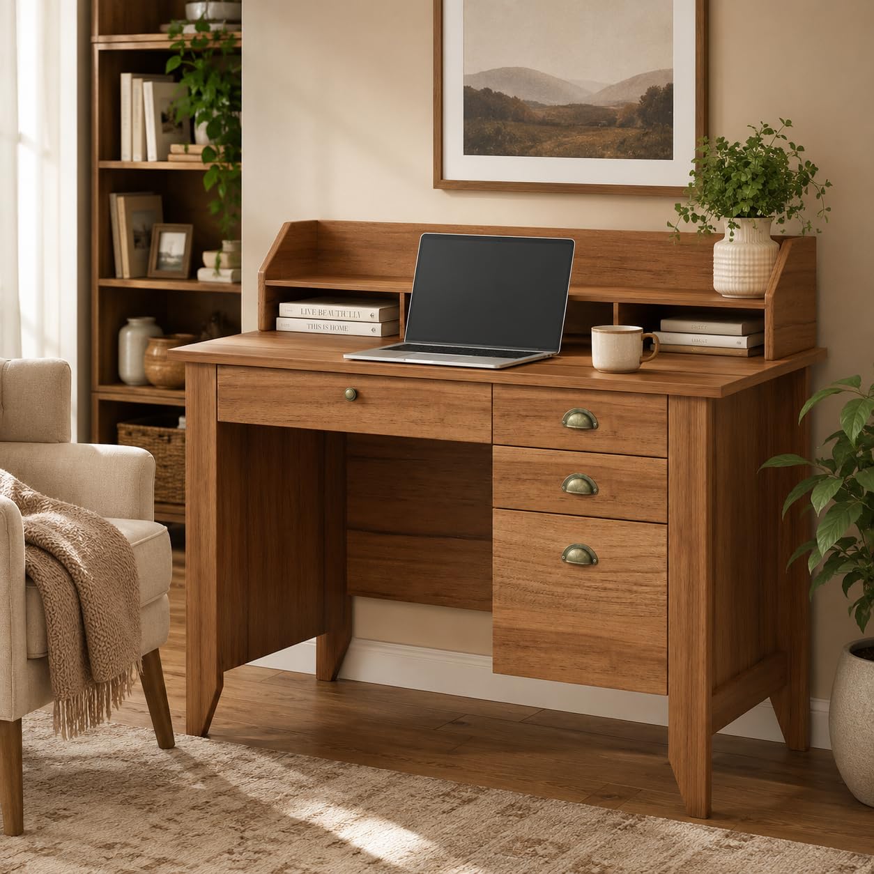 4 EVER WINNER Desk with Drawers, 47'' Small Desk with Monitor Stand and File Drawer, Computer Desk with Storage for Bedroom, Living Room, Small Spaces, Walnut