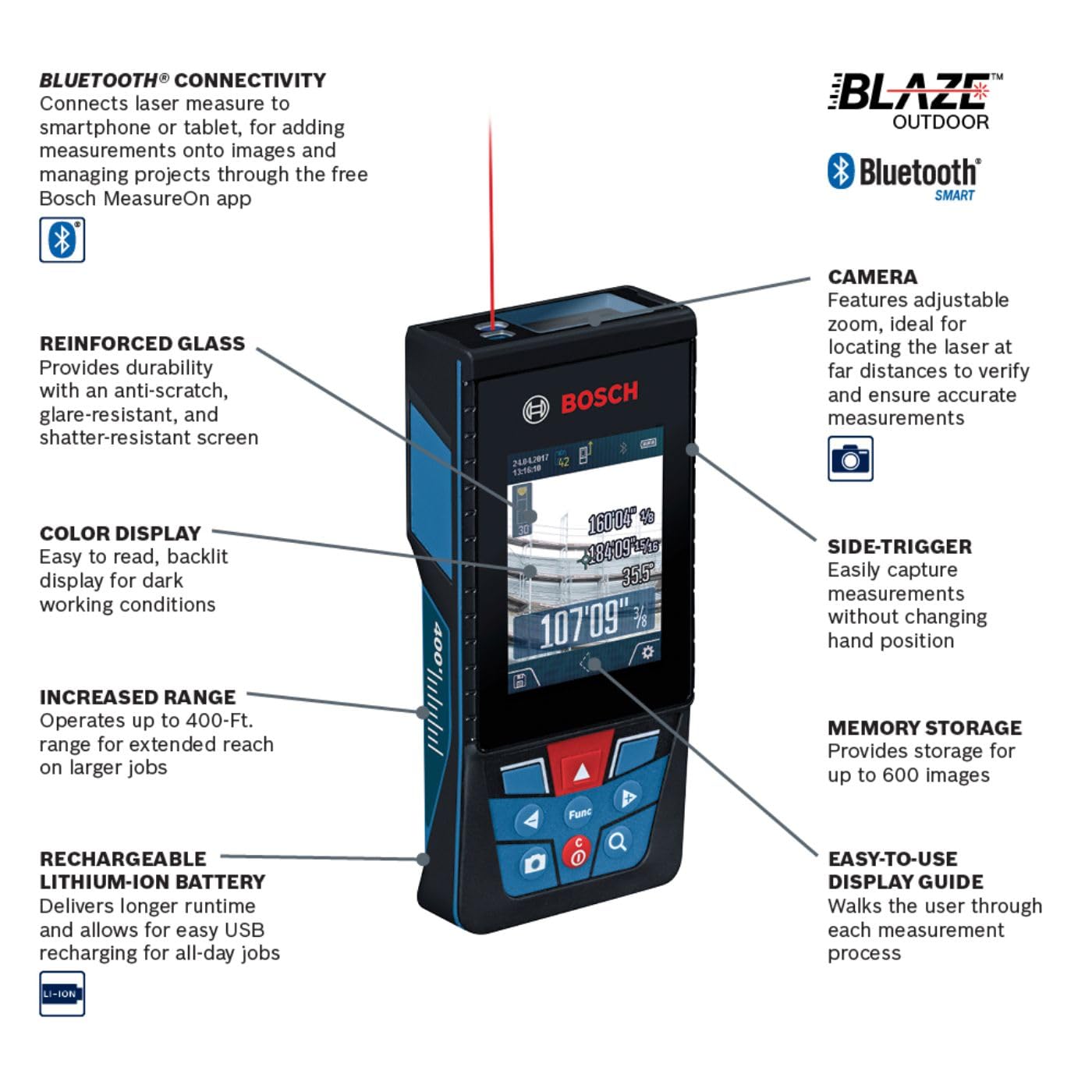 BOSCH GLM400C 400 Ft Blaze Outdoor Connected Laser Measure with Viewfinder, Includes 3 AA Batteries, Hand Strap, & Pouch