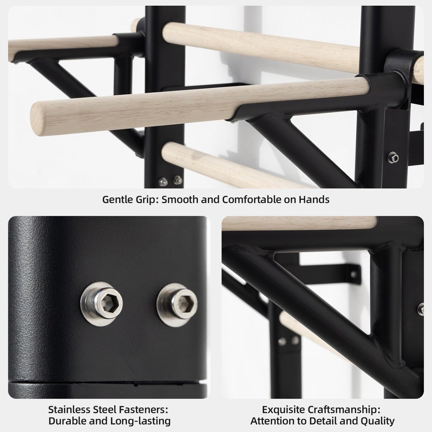 RIOWLAU Swedish Ladder Dip Bar Attachment, Fits TS003A Ladder, Wood Stall Bar for School, Physical Therapy and Gymnastics, Multi-grip (Black, 20"L x 2"W x 11"H)