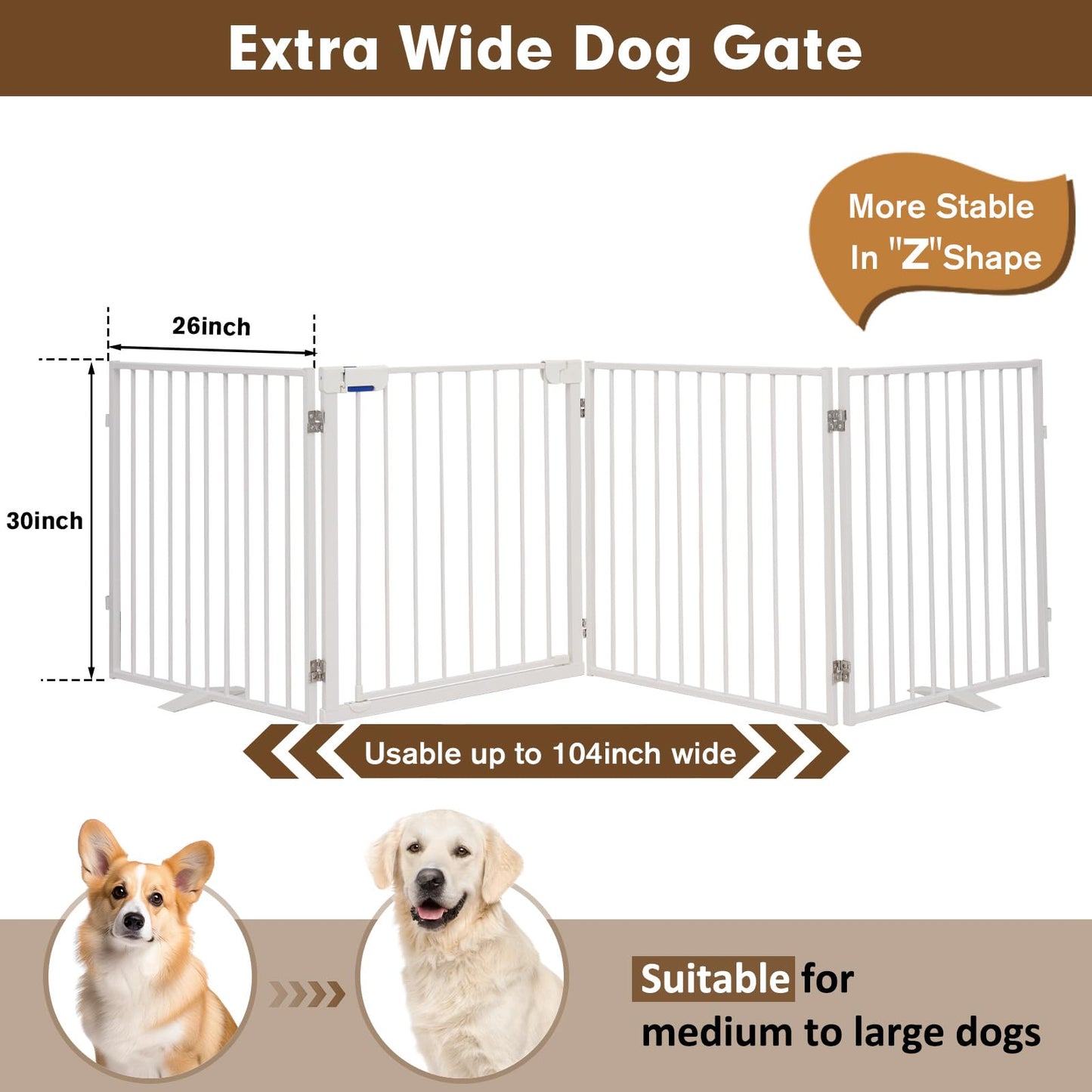 104" Extra Wide Dog Gate, Heavy Duty Metal Freestanding Dog Gate with Door for Indoor & Outdoor, Foldable Pet Fence for Doorways,House,Porch,Deck,Yard,Stairs, Auto Close(4 Panels,White)