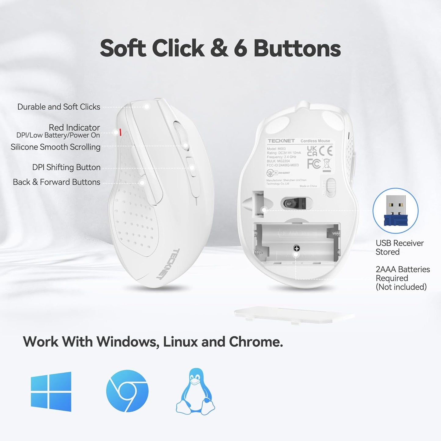 TECKNET 2.4G 6 24 2600 5 Wireless Mouse, Ergonomic Optical Mouse, Computer Mouse for Laptop, PC, Computer, Chromebook