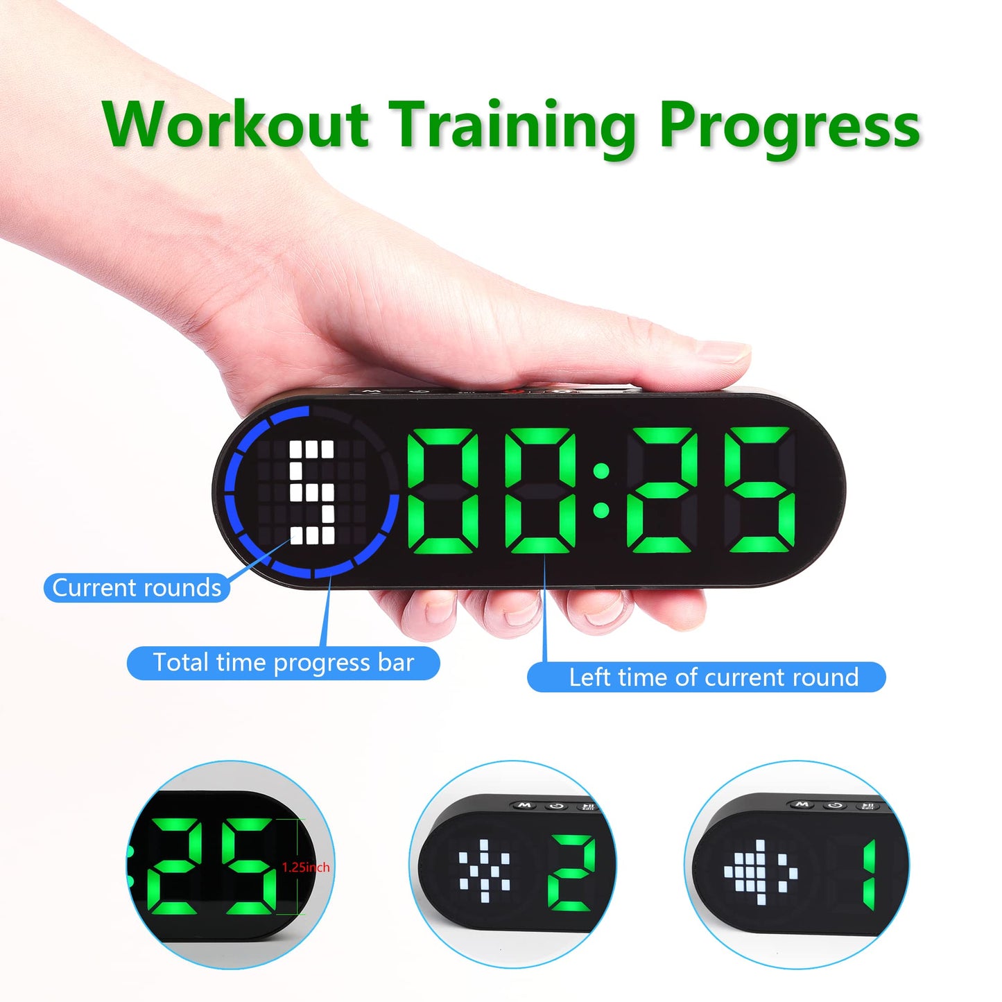 Portable Gym Timer Battery Powered, Magnetic Interval Workout Clock Time with Time Progress Bar, Boxing Round Timer for Home Gym Countdown/Up Fitness Crossfit HIIT Tabata
