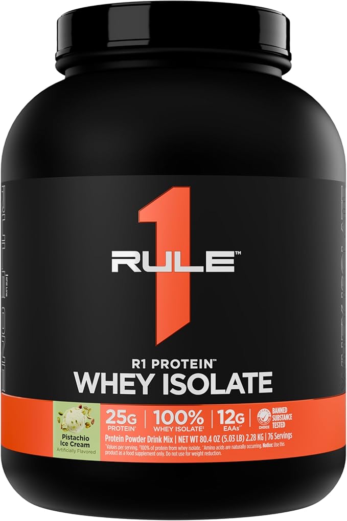 Rule 1 R1 Protein Whey Isolate - with 25g Protein & 6g BCAA Exclusively from Isolated & Hydrolyzed Sources for Workout Recovery (5 Pounds*, Pistachio Ice Cream)