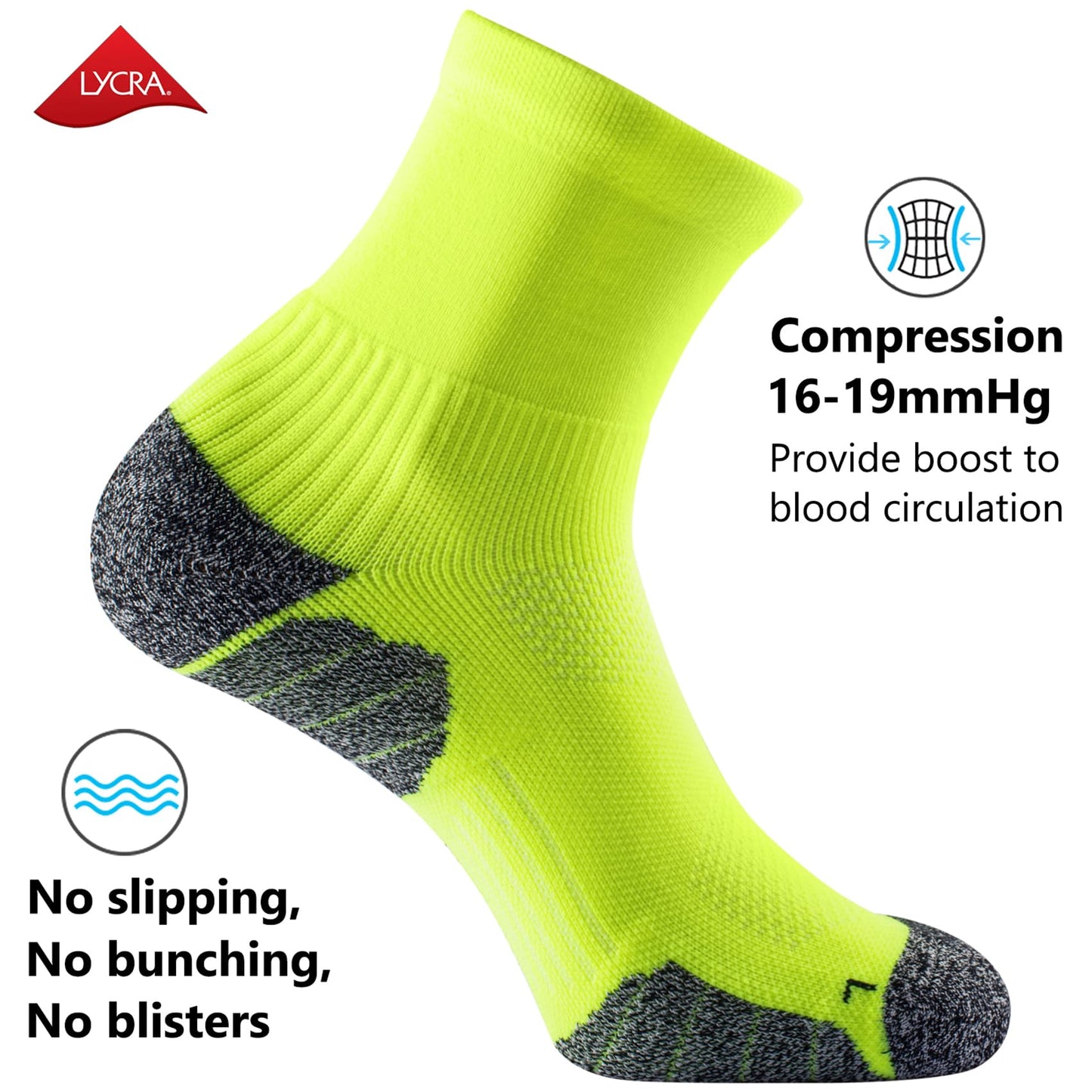 CWVLC Compression Athletic Unisex Quarter Socks Cushioned, 4-Pairs Lime-green, M