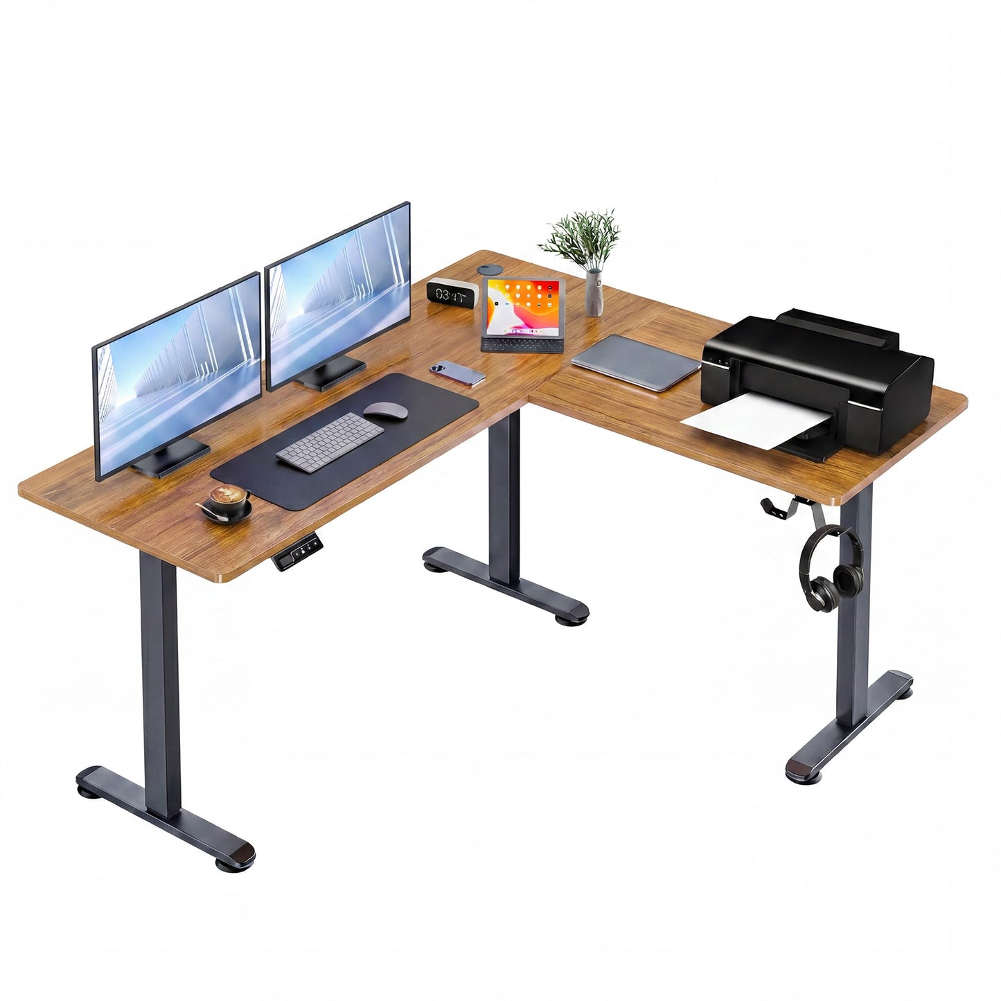 Himimi 63"×55" L Shaped Standing Desk, Height Adjustable Corner Stand Up Desk with Mouse Pad, Sit Stand Corner Desk with Memory Controller for Home Office (Brown)