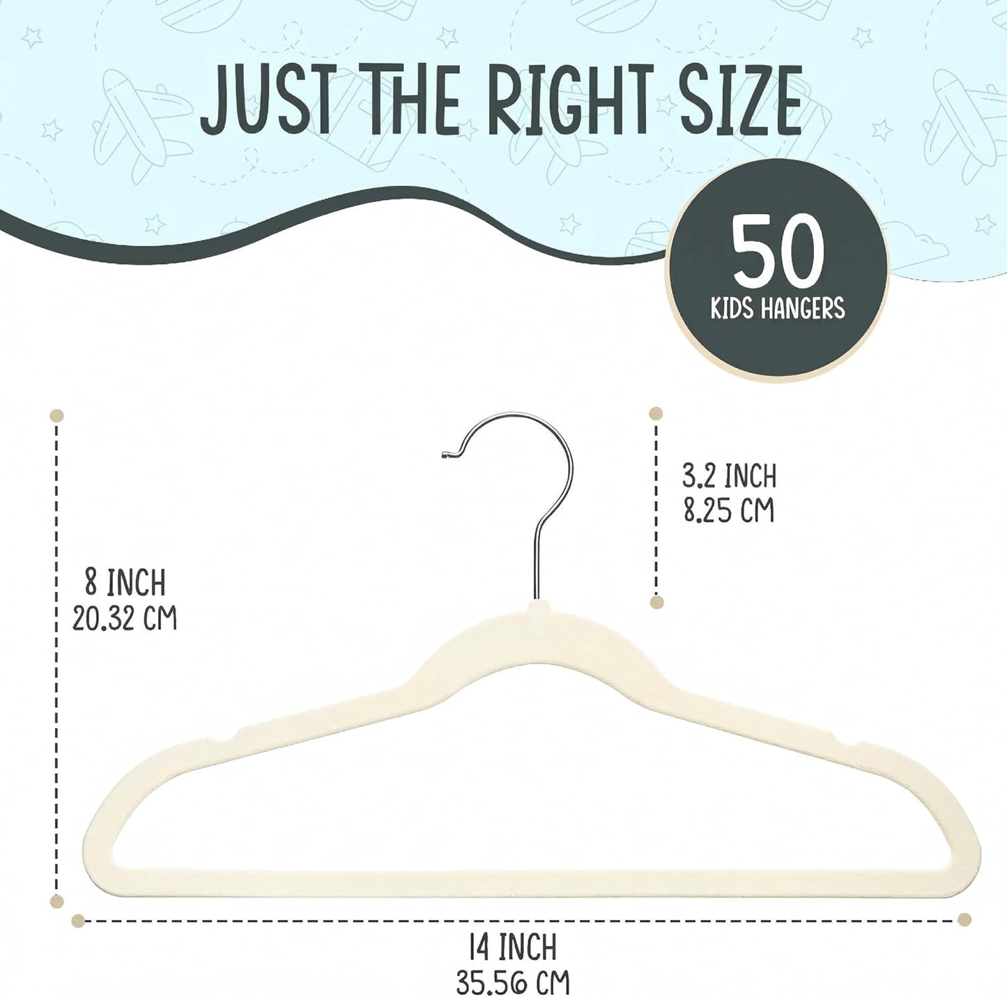 TechZoo 50 Premium Kids Velvet Hangers - Non-Slip, Ultra Slim & Durable - 14" Ivory Hangers with 360° Swivel Hook