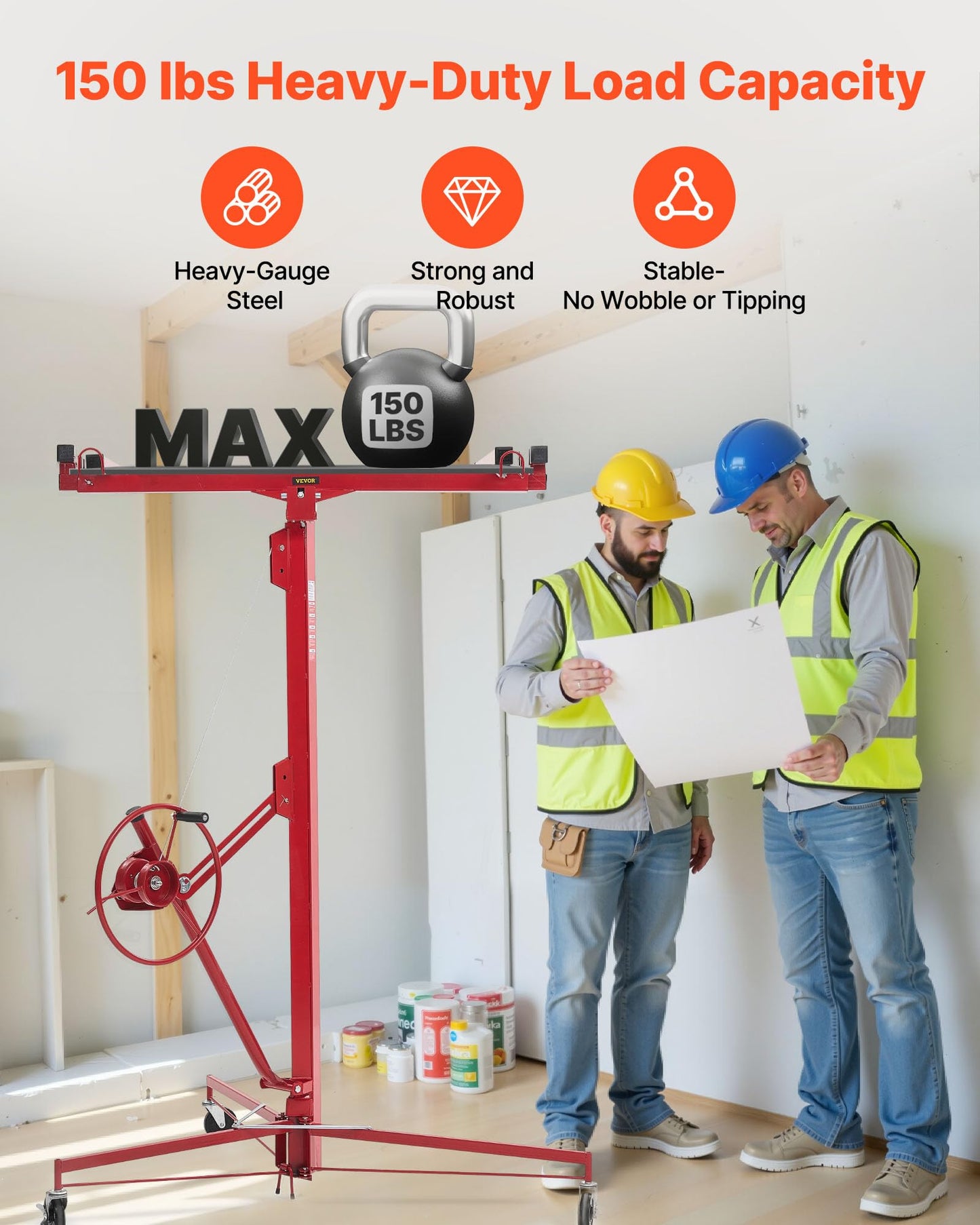 VEVOR 16ft Drywall Lift, Heavy-Duty 150 lbs Sheetrock Hoist with Adjustable Telescoping Arm, Lockable Wheels, Drywall Lifter Panel Jack Hoist Tools Ideal for Ceiling & Wall Installation (Red)