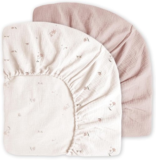 Little Grape Land Muslin Crib Sheets - Soft & Breathable 100% Cotton | 2 Pack, Fog Flower, 52x28 Inches