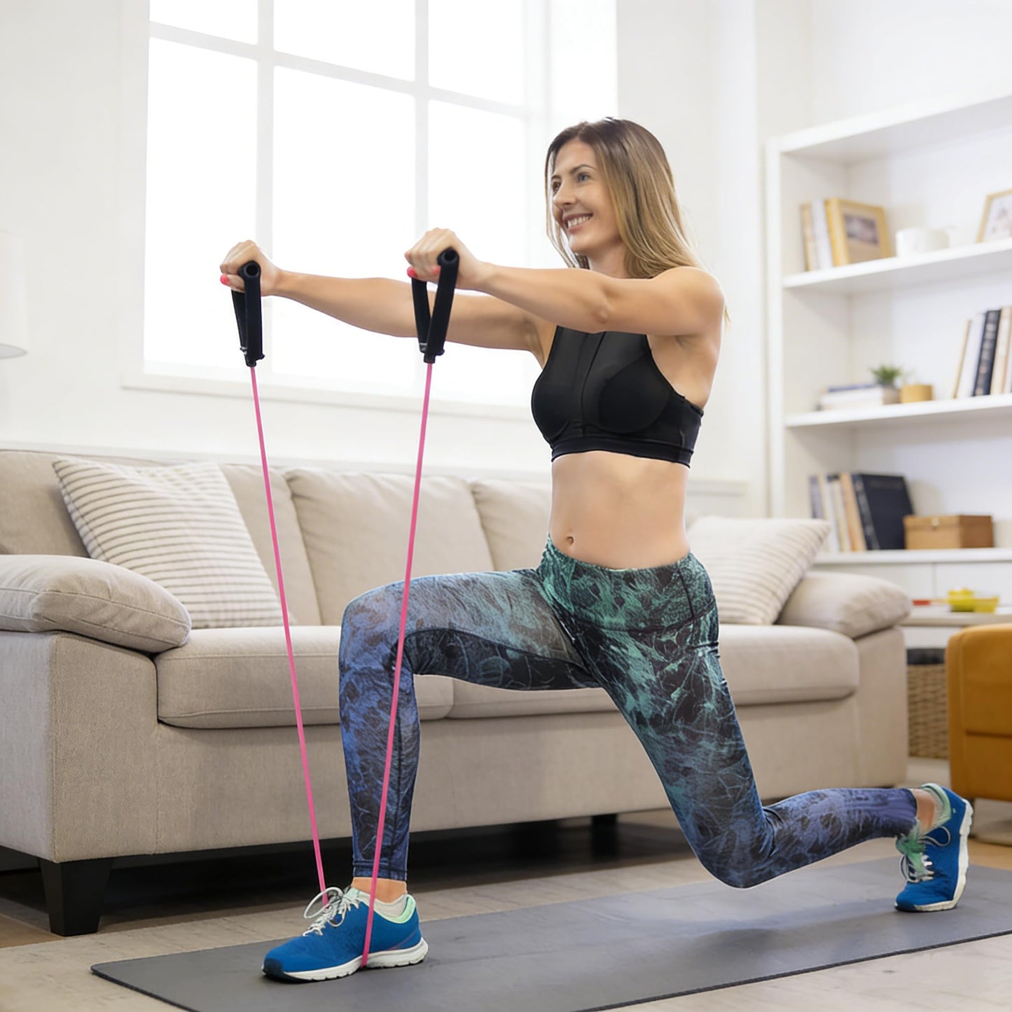 RitFit Single Resistance Exercise Band with Comfortable Handles - Ideal for Physical Therapy, Strength Training, Muscle Toning - Door Anchor and Starter Guide Included (Rose Pink(10-15lbs))