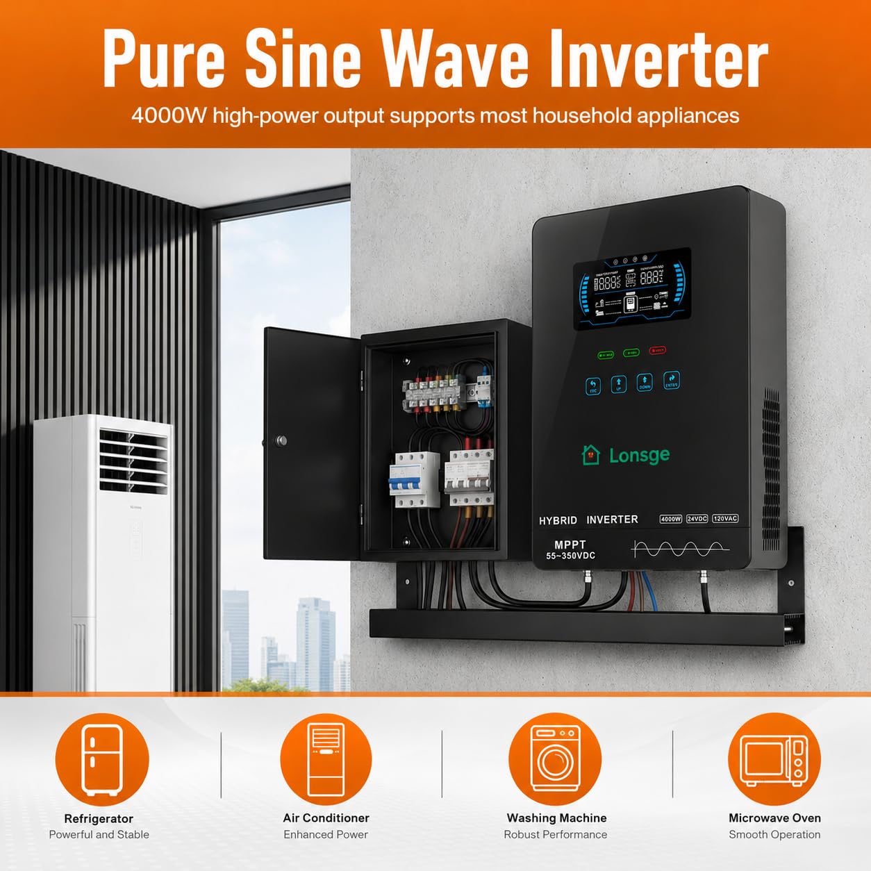 Lonsge 4000W Hybrid Solar Inverter 24V DC to 120V AC, Pure Sine Wave Inverter with Built-in 140A MPPT Charge Controller, Max PV Input 5600W 350VDC, Supports Lithium & Lead-Acid Batteries