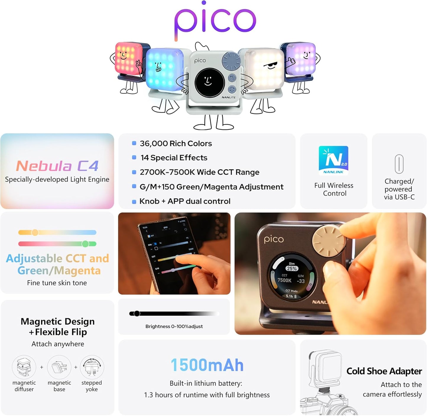 NANLITE Pico Portable LED Fill Light Full Color RGB, Snap-On Attachment for Phone/Camera Photography, Live Streaming